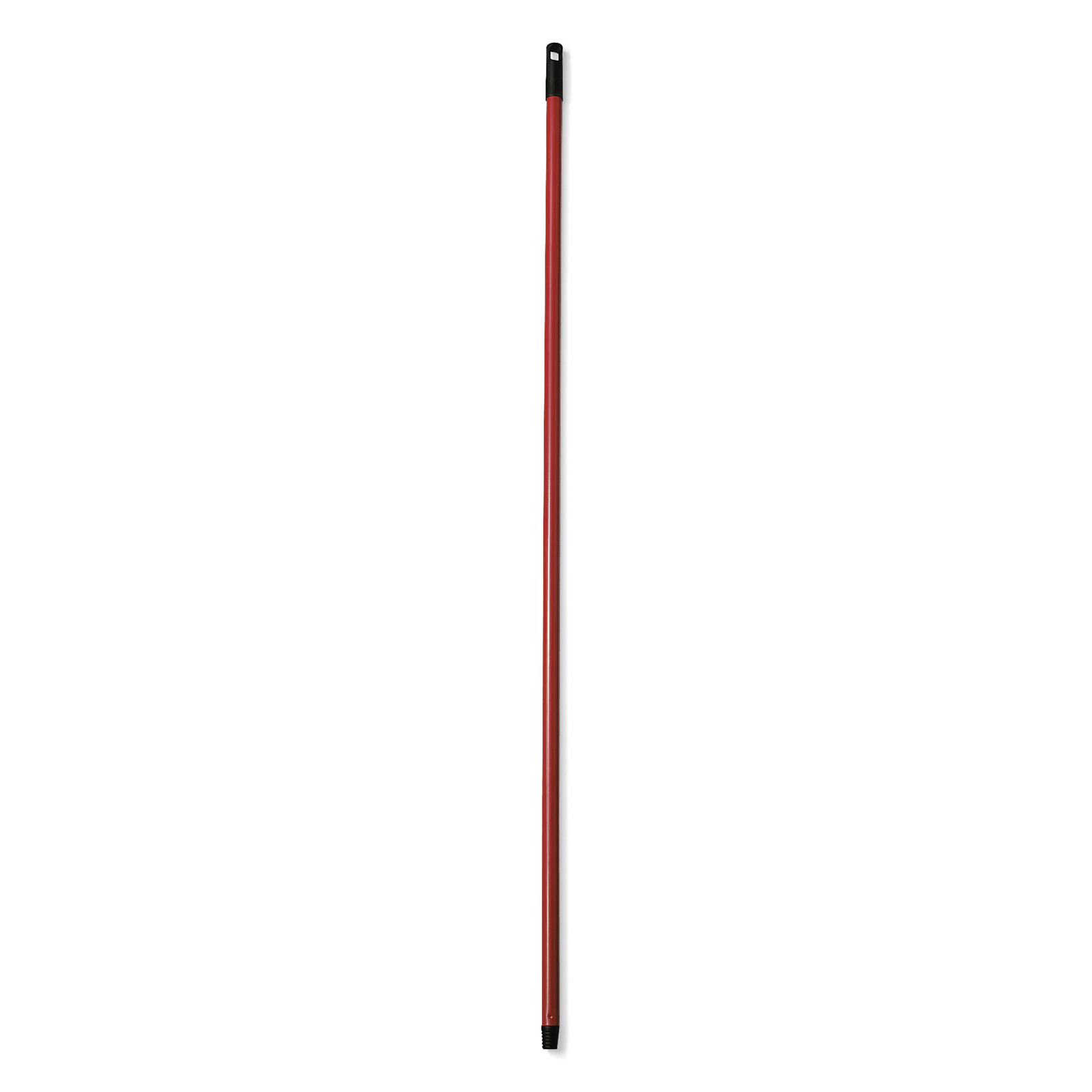 Red broom handle with black threaded end and hole at the top, isolated on a white background. Red broom handle with black threaded end and hole at the top, isolated on a white background.