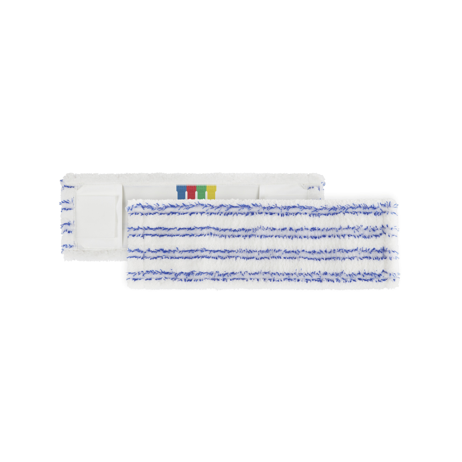 White and blue striped mop pad with colour-coded tags, laid flat on a white background.
