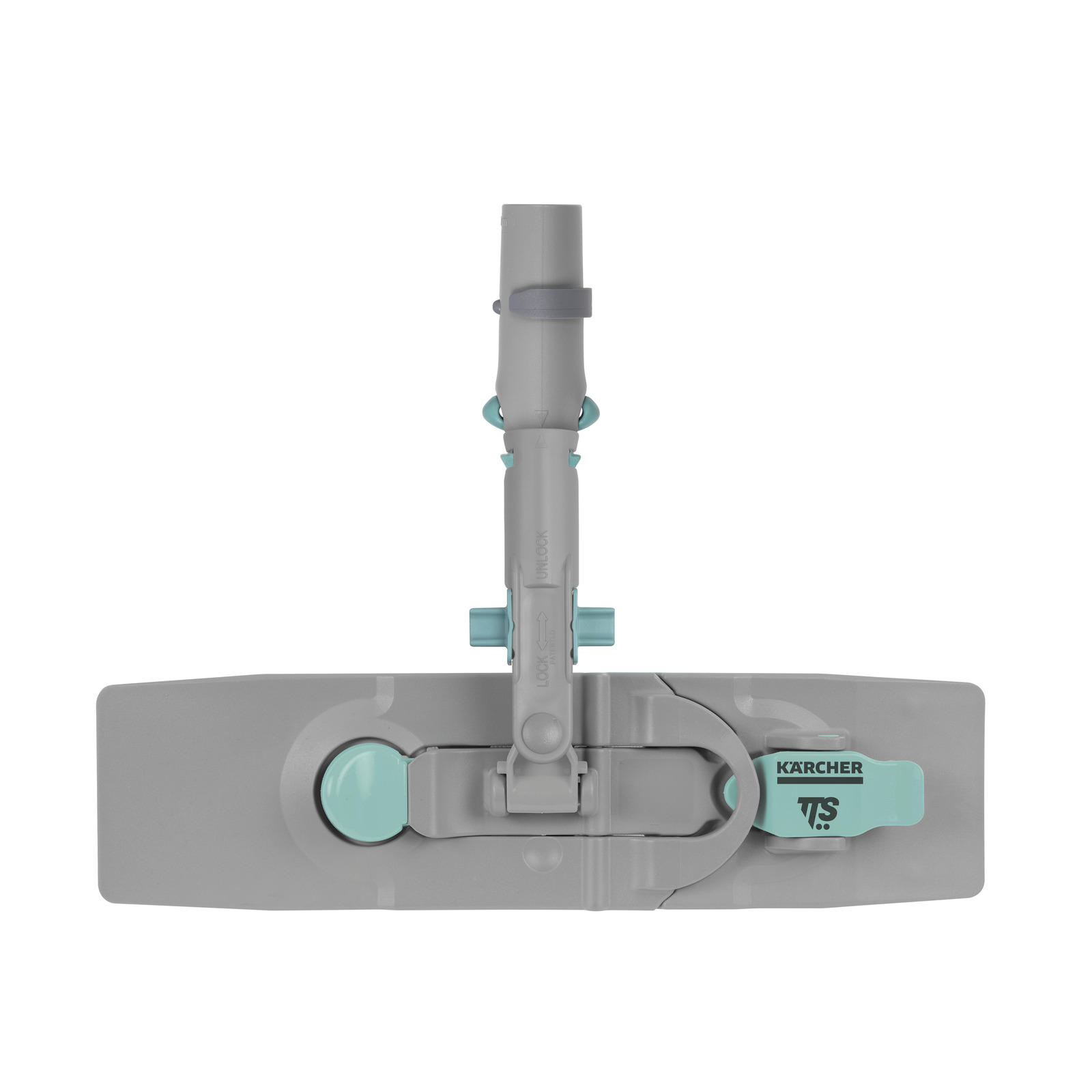 Grey Kärcher mop head with turquoise accents, viewed from above, showing locking mechanism and Kärcher logo.