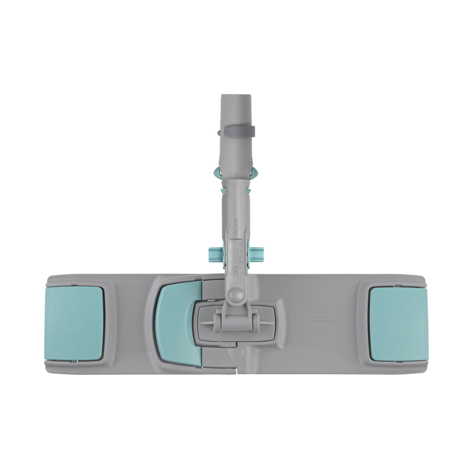 Grey and turquoise Kärcher mop head with adjustable handle, viewed from above. Grey and turquoise Kärcher mop head with adjustable handle, viewed from above.