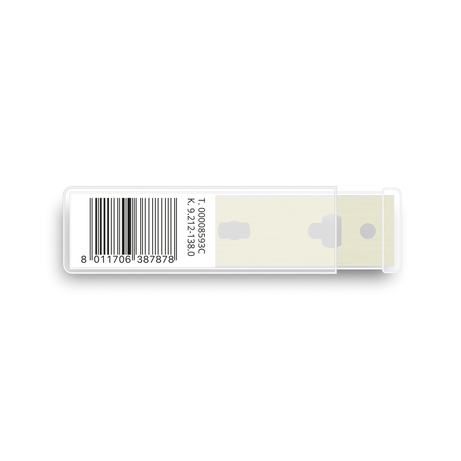 A packaged replacement blade with a visible barcode and product code on the label, enclosed in transparent plastic. A packaged replacement blade with a visible barcode and product code on the label, enclosed in transparent plastic.