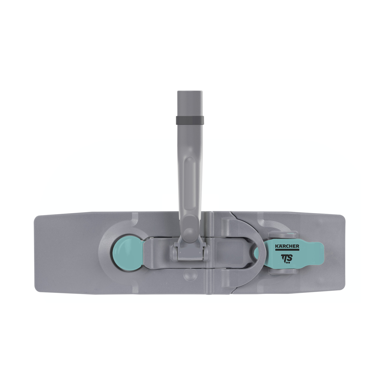 Grey Kärcher mop head with turquoise accents, viewed from above, featuring a central hinge and handle attachment.