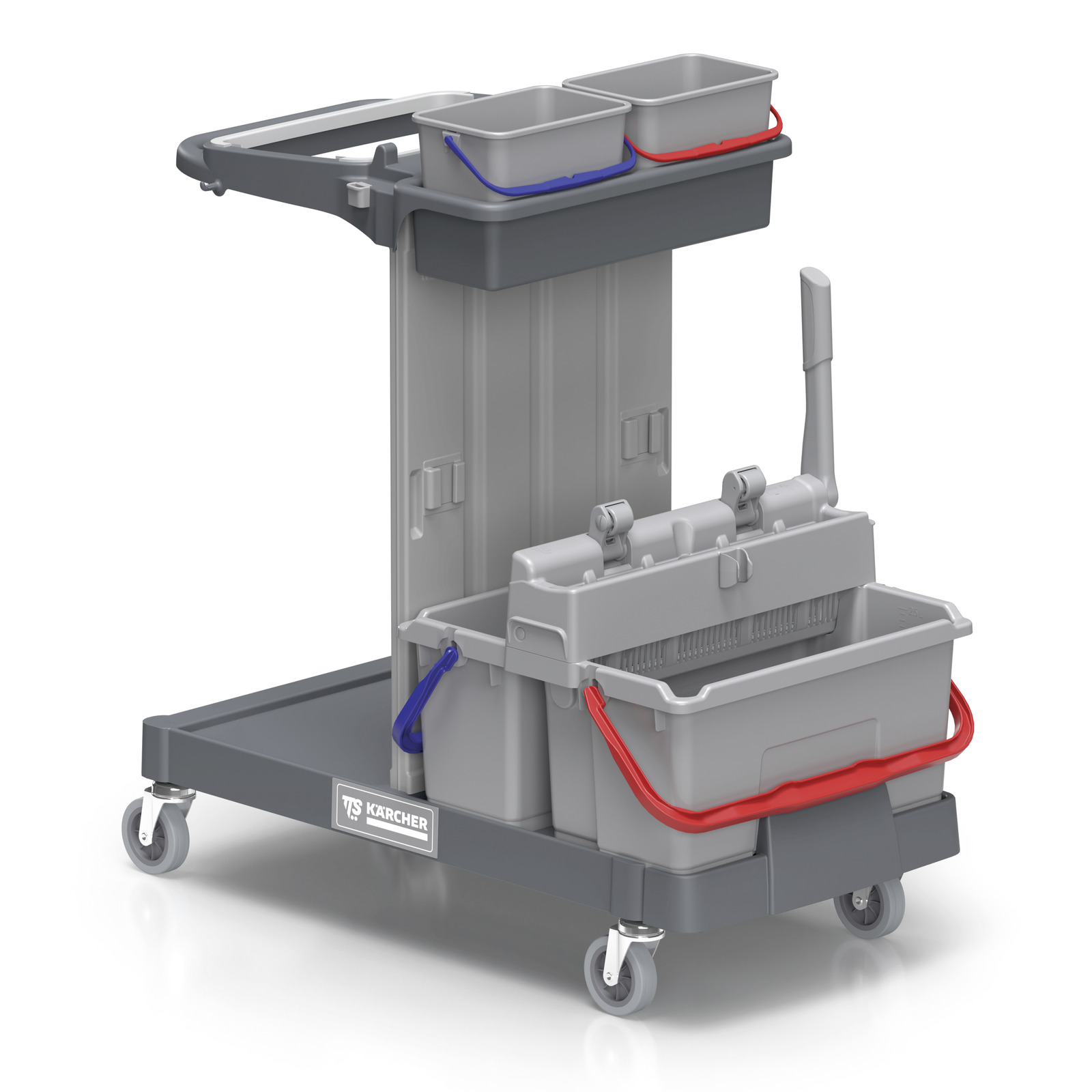 Kärcher cleaning trolley with grey body, red and blue buckets, mop wringer, and wheels.