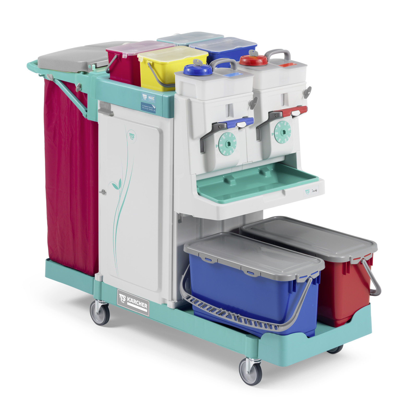 Kärcher cleaning trolley with multiple compartments, colourful bins, and wheels for mobility. Kärcher cleaning trolley with multiple compartments, colourful bins, and wheels for mobility.