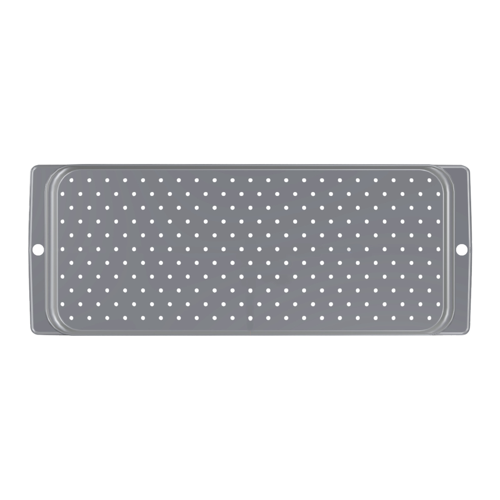 Rectangular grey tray with evenly spaced small white holes, viewed from above. Rectangular grey tray with evenly spaced small white holes, viewed from above.