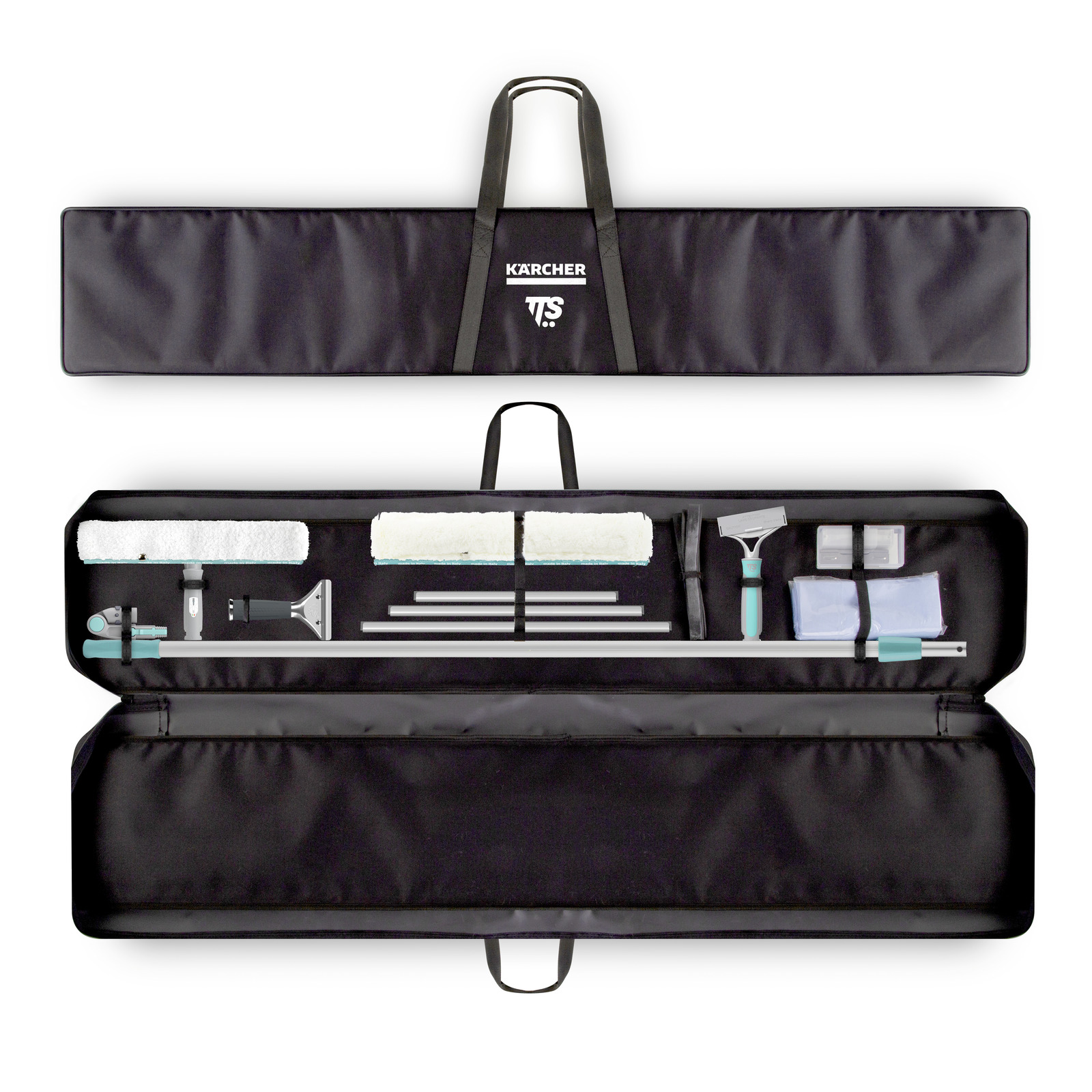 Black Kärcher cleaning kit bag open, showing various cleaning tools like squeegees, cloths, and handles neatly arranged inside. Black Kärcher cleaning kit bag open, showing various cleaning tools like squeegees, cloths, and handles neatly arranged inside.