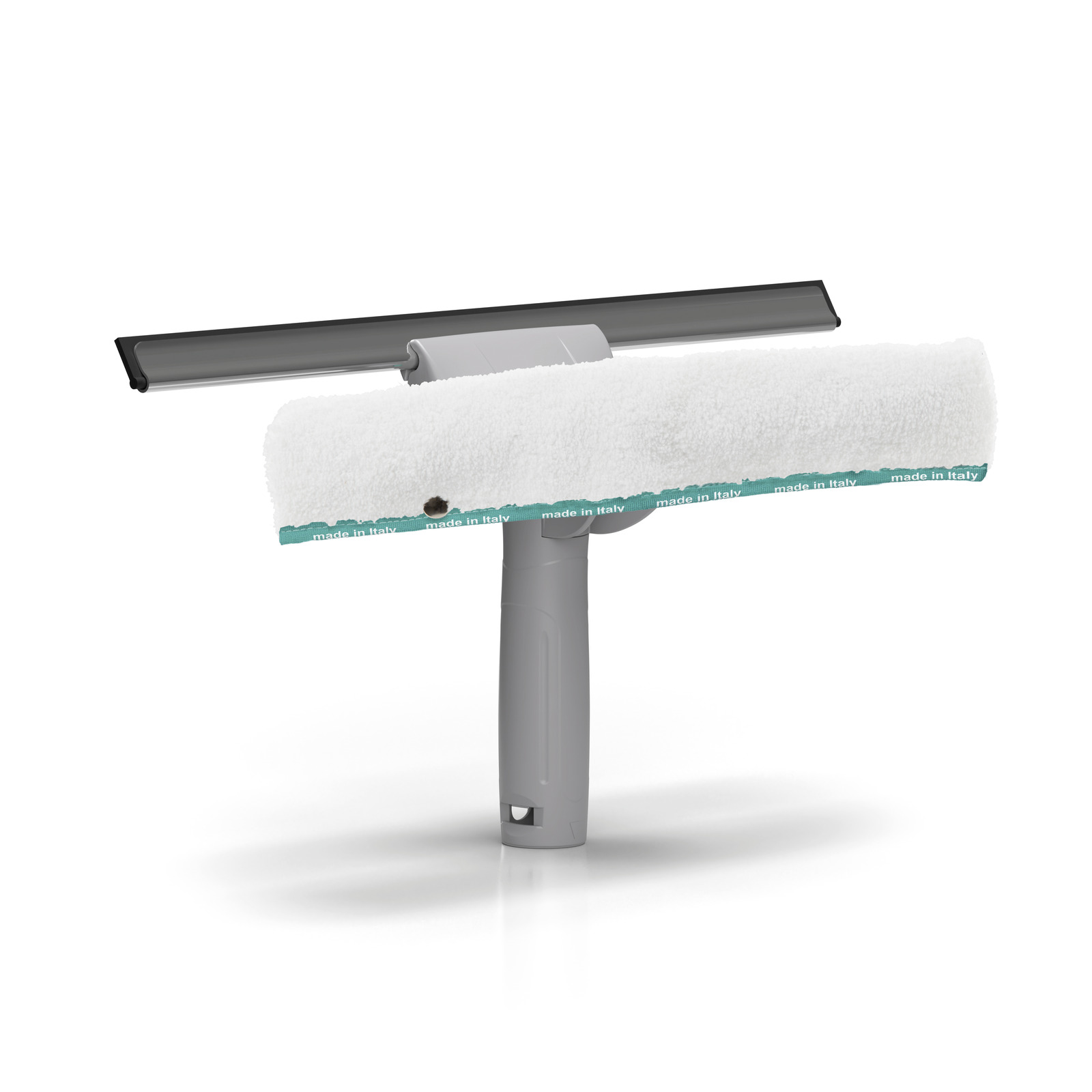 Grey Kärcher window vac with white microfiber pad and black rubber blade, isolated on a white background. Grey Kärcher window vac with white microfiber pad and black rubber blade, isolated on a white background.
