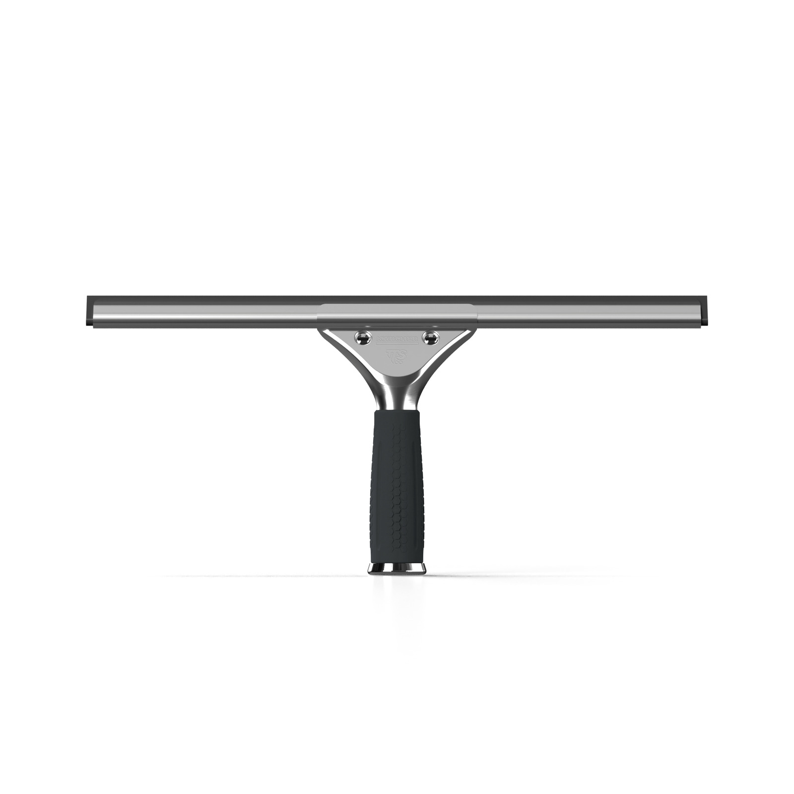 A stainless steel squeegee with a black rubber handle, positioned against a white background.