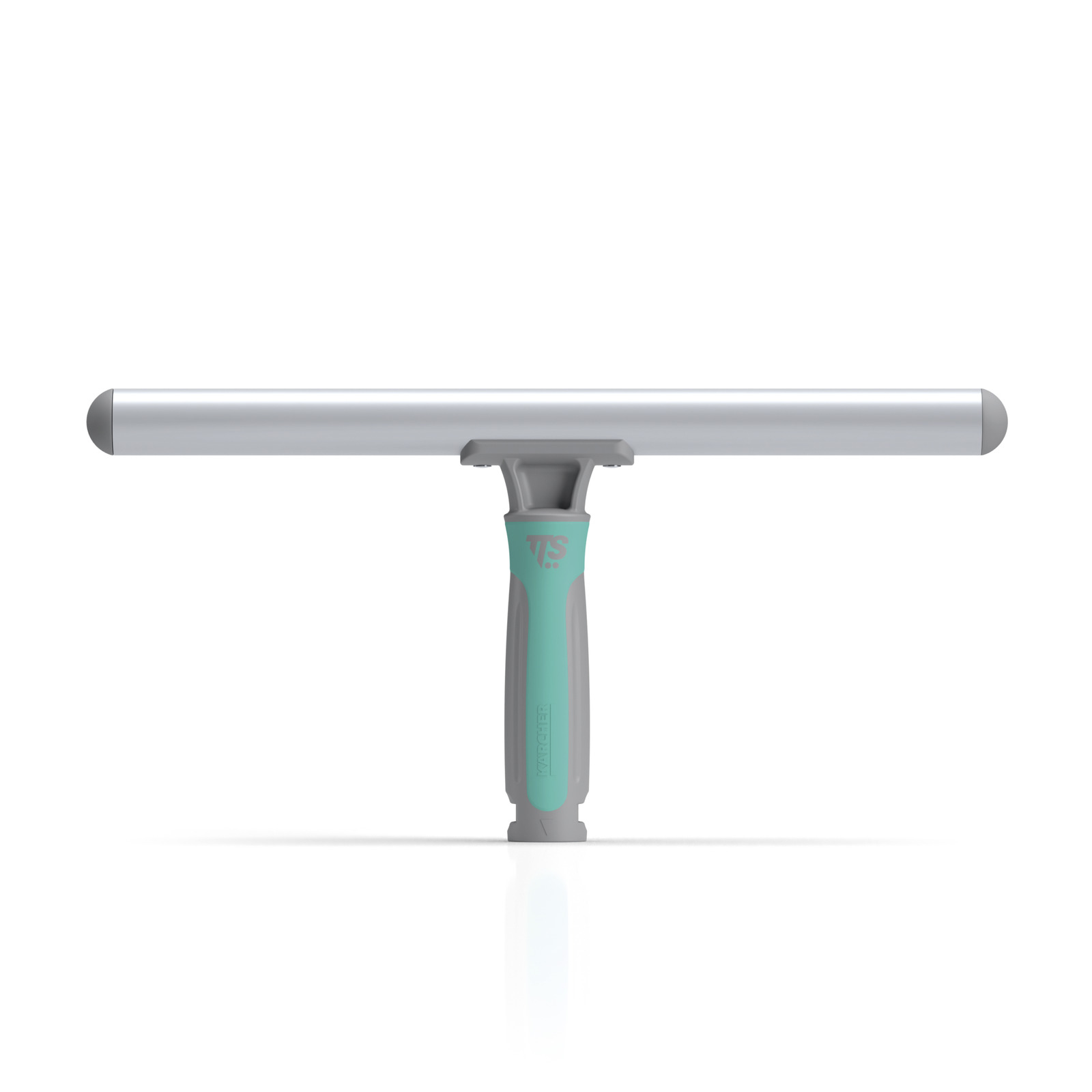 Silver squeegee with a turquoise and grey handle, isolated on a white background. Silver squeegee with a turquoise and grey handle, isolated on a white background.