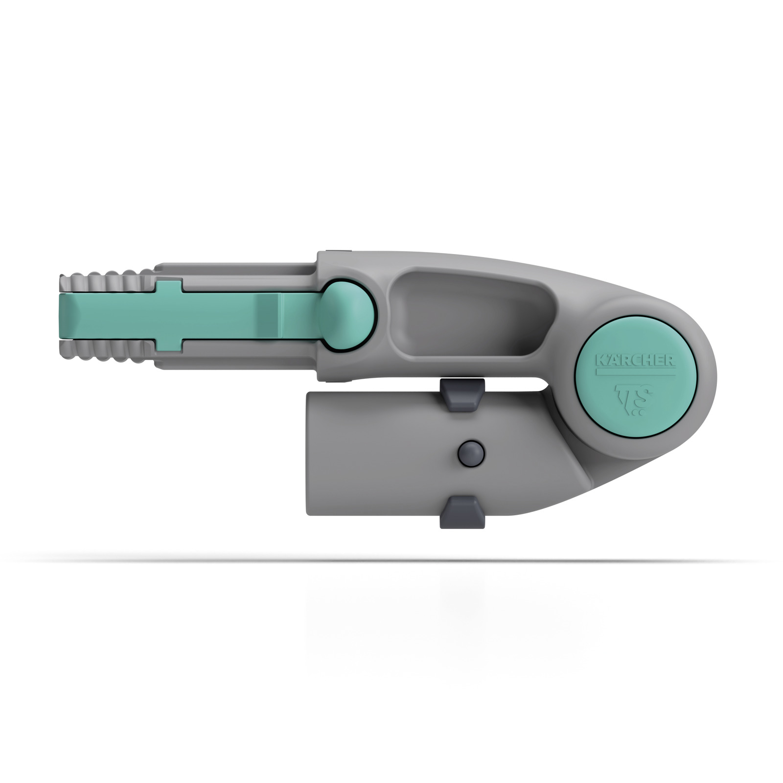 Grey and teal Kärcher hose connector with a circular button and textured grip, viewed from the side. Grey and teal Kärcher hose connector with a circular button and textured grip, viewed from the side.