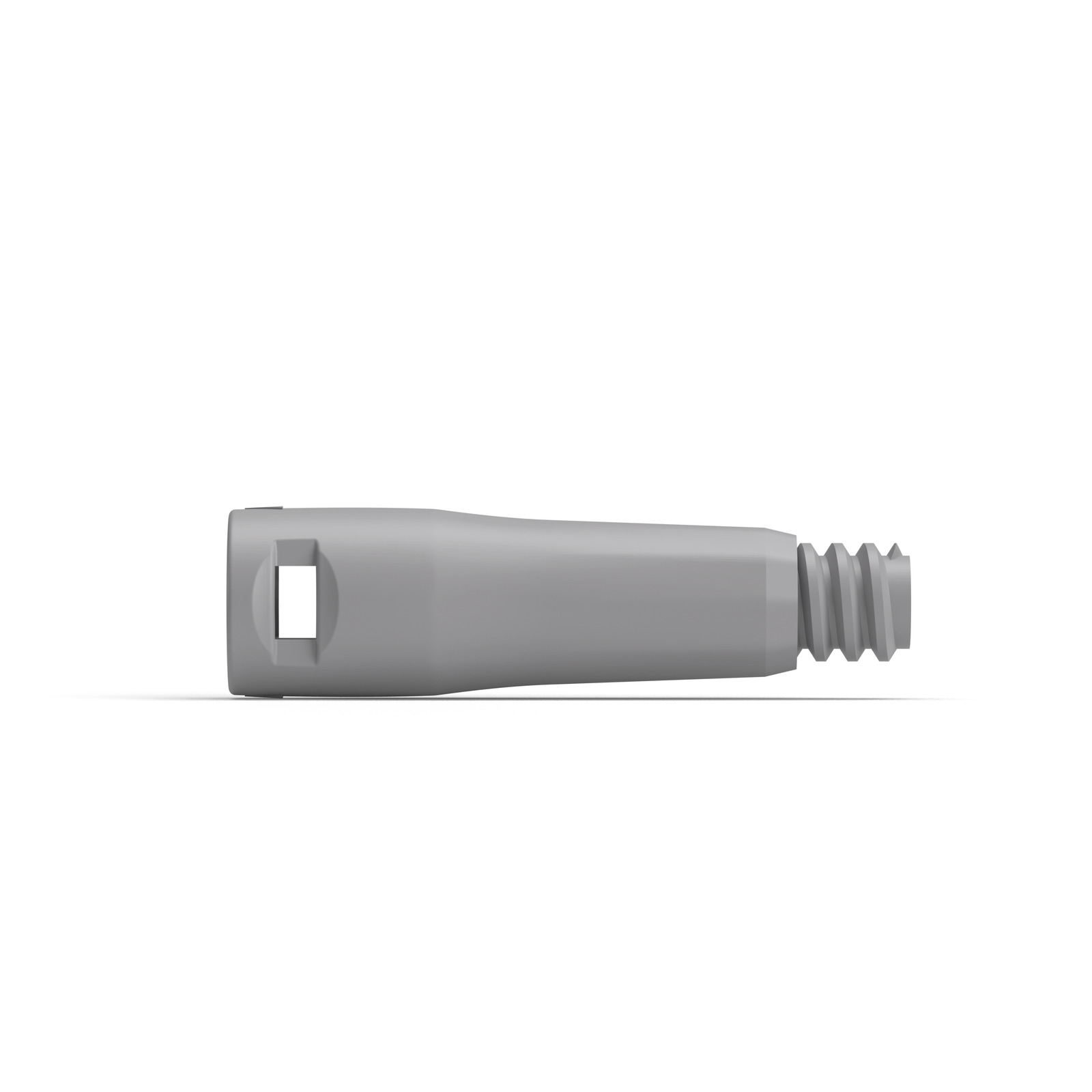 Grey plastic nozzle with a square opening on one end and a threaded tip on the other, lying horizontally on a white background. Grey plastic nozzle with a square opening on one end and a threaded tip on the other, lying horizontally on a white background.