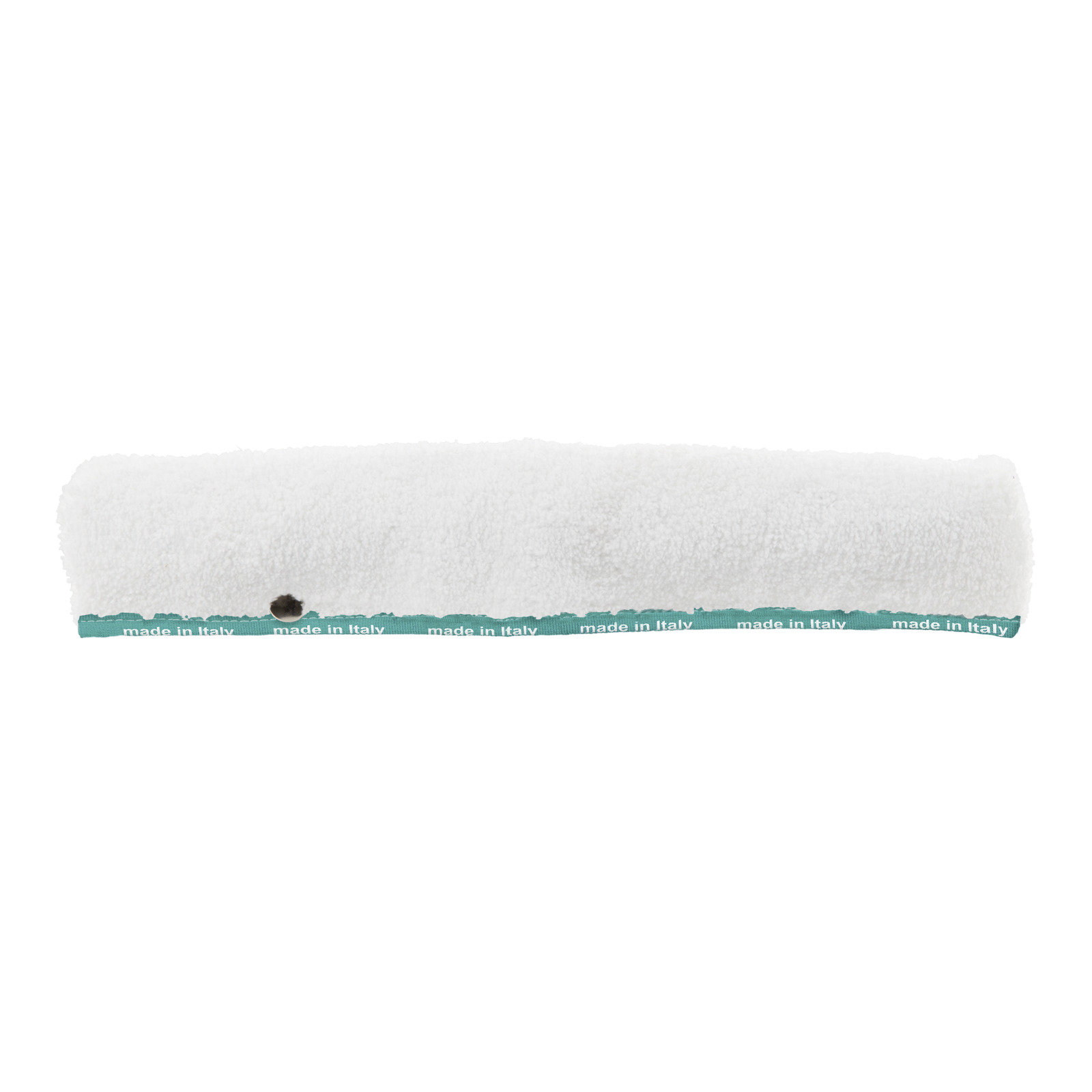 White cylindrical brush with green trim labelled "made in Italy," isolated on a white background. White cylindrical brush with green trim labelled "made in Italy," isolated on a white background.