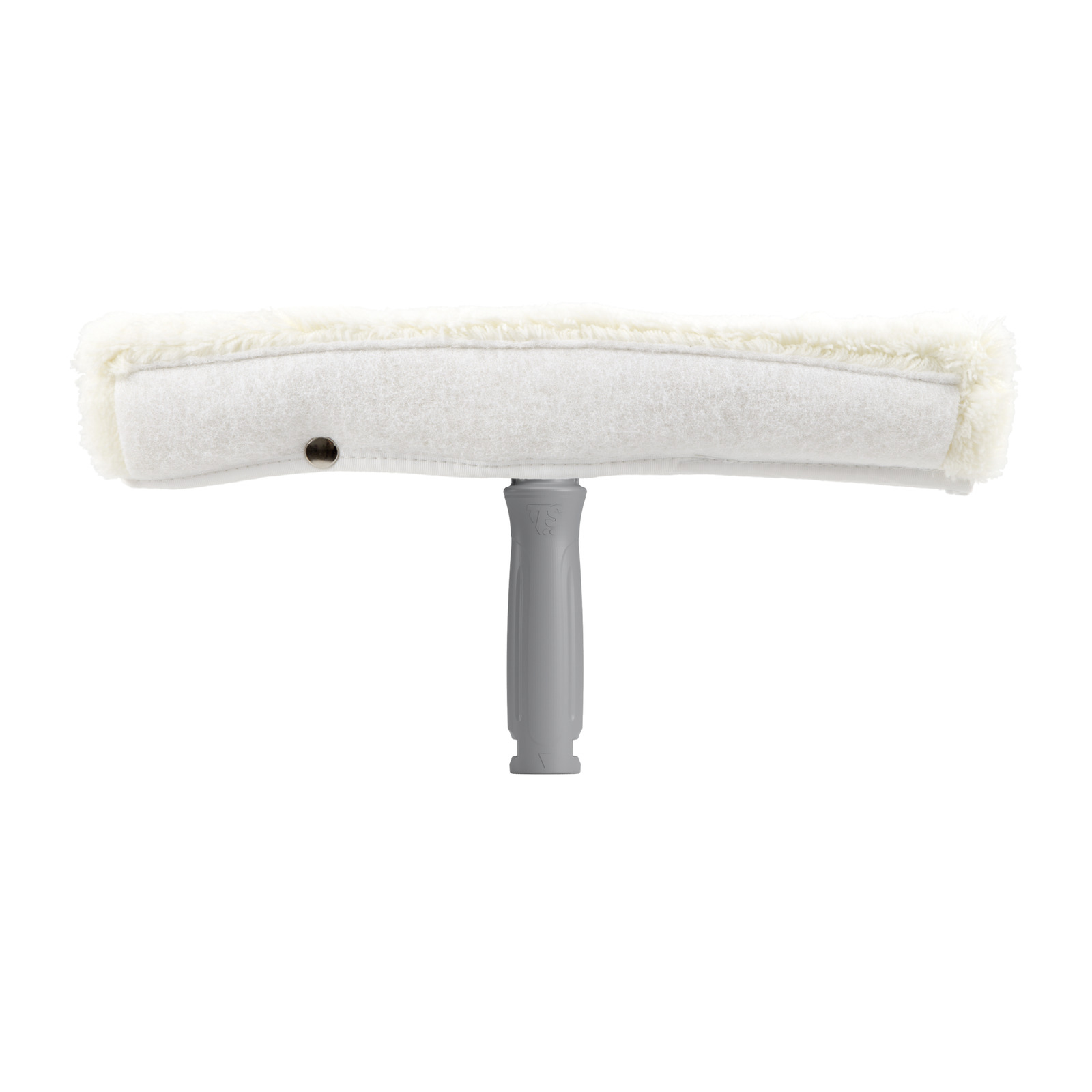 Grey Kärcher window vac with white microfiber cleaning pad, isolated on a white background.