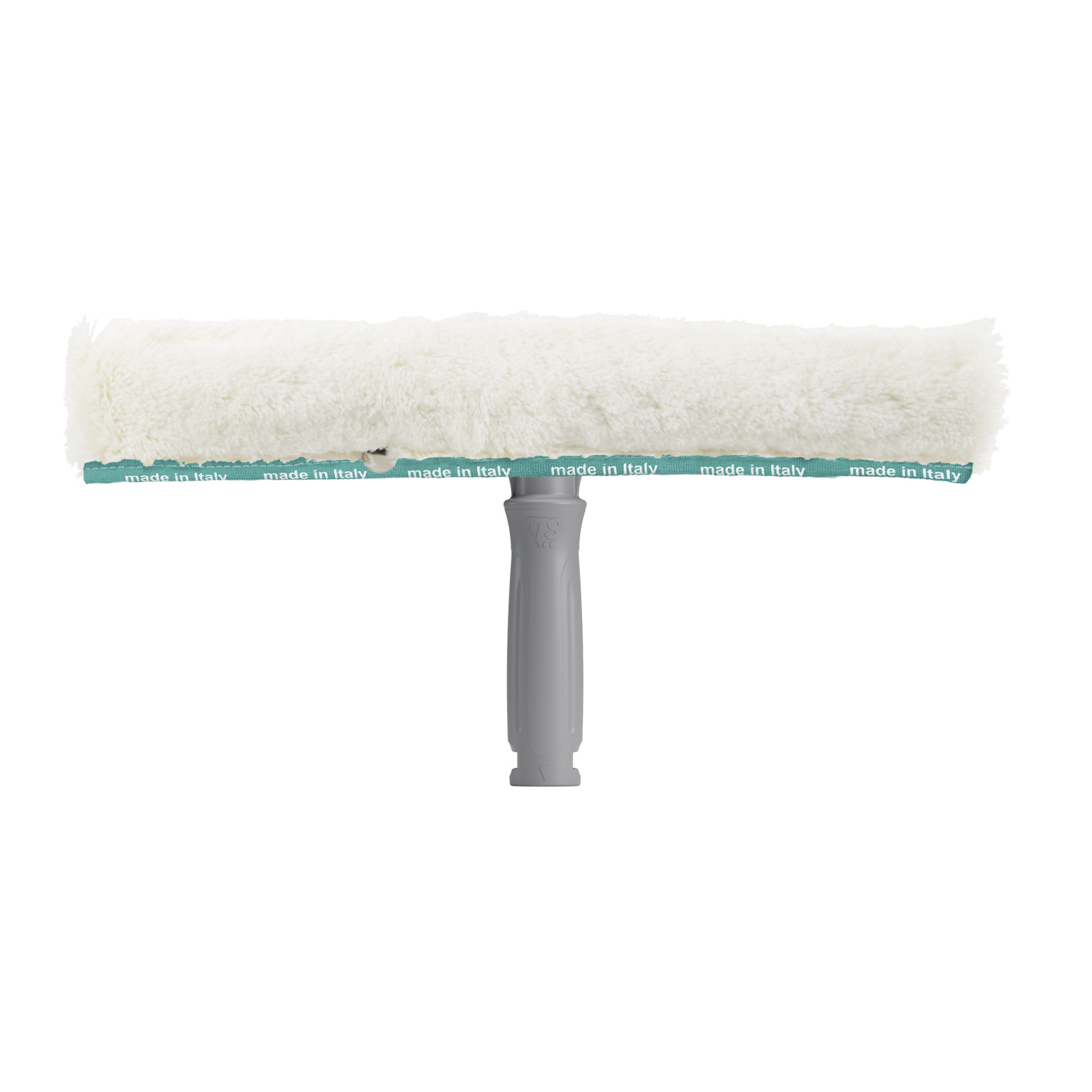 Grey handle with white fluffy brush head, labelled "made in Italy" on a green strip. Grey handle with white fluffy brush head, labelled "made in Italy" on a green strip.