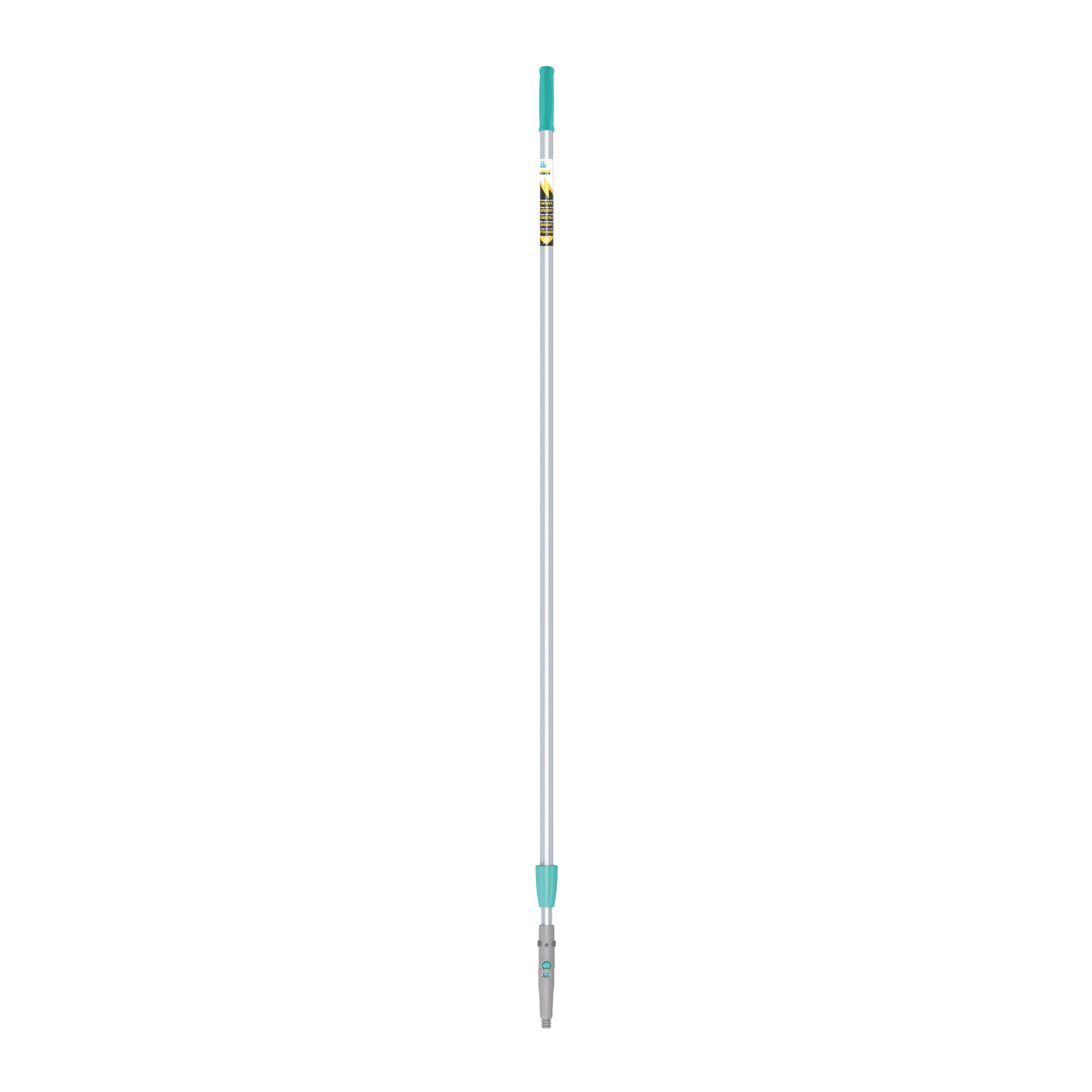 Telescopic pole with turquoise handle and grey tip, featuring a product label near the top.