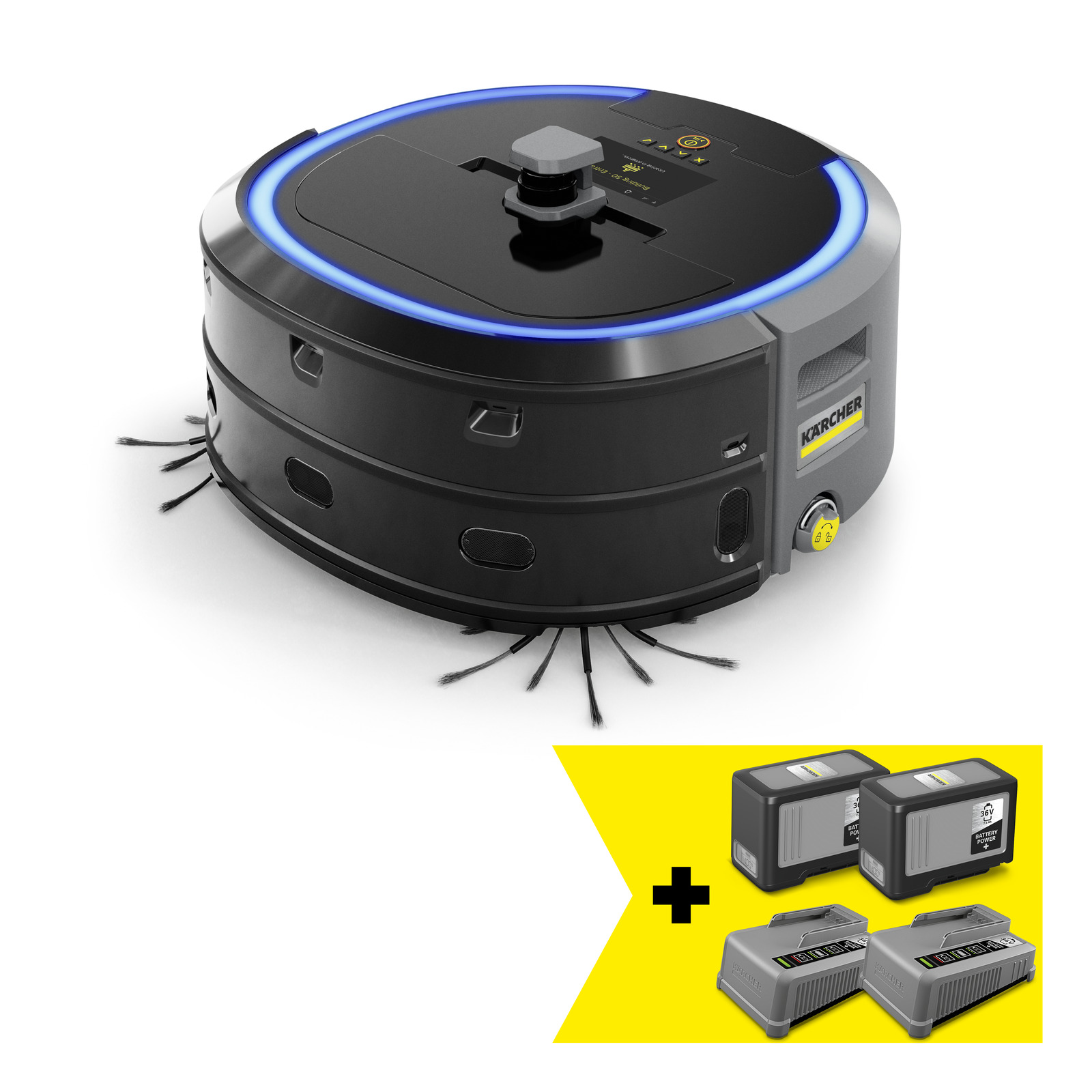 Kärcher robot vacuum cleaner, black and grey with a blue light ring, displayed alongside four additional battery packs on a white background.