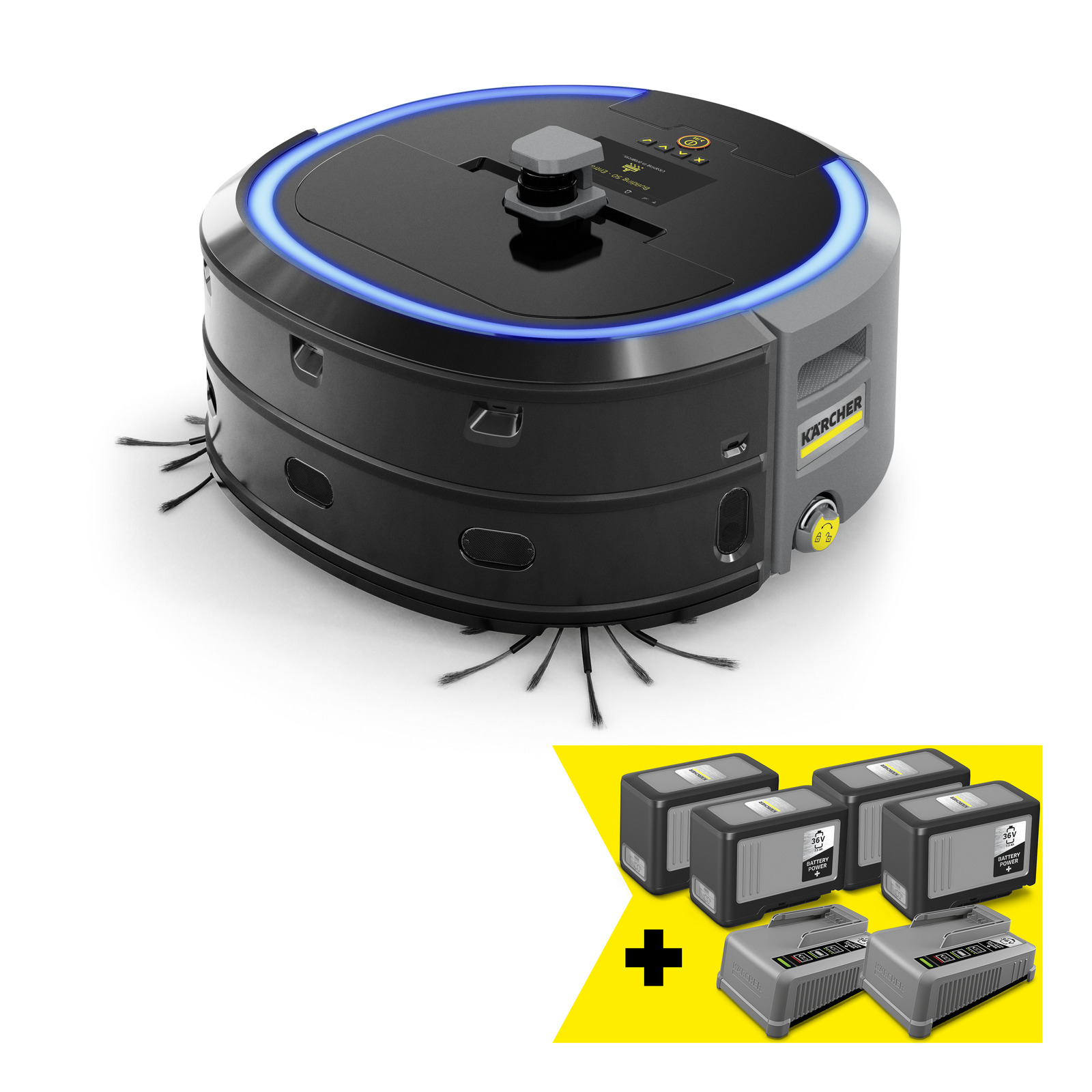 A Kärcher robotic vacuum cleaner with blue LED lights on a white background. Below, a yellow graphic displays five battery packs and a plus sign.