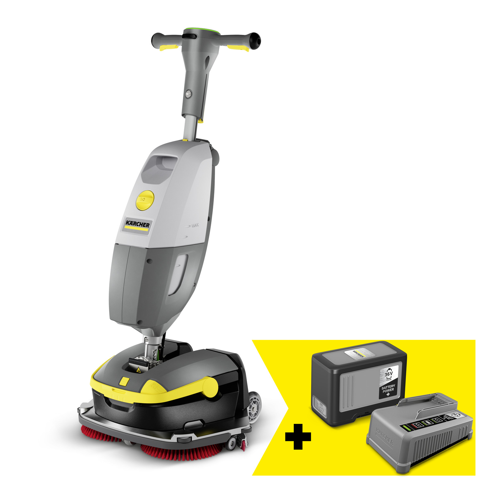 Kärcher compact scrubber drier, Kärcher battery, and Kärcher charger displayed on a white and yellow background.