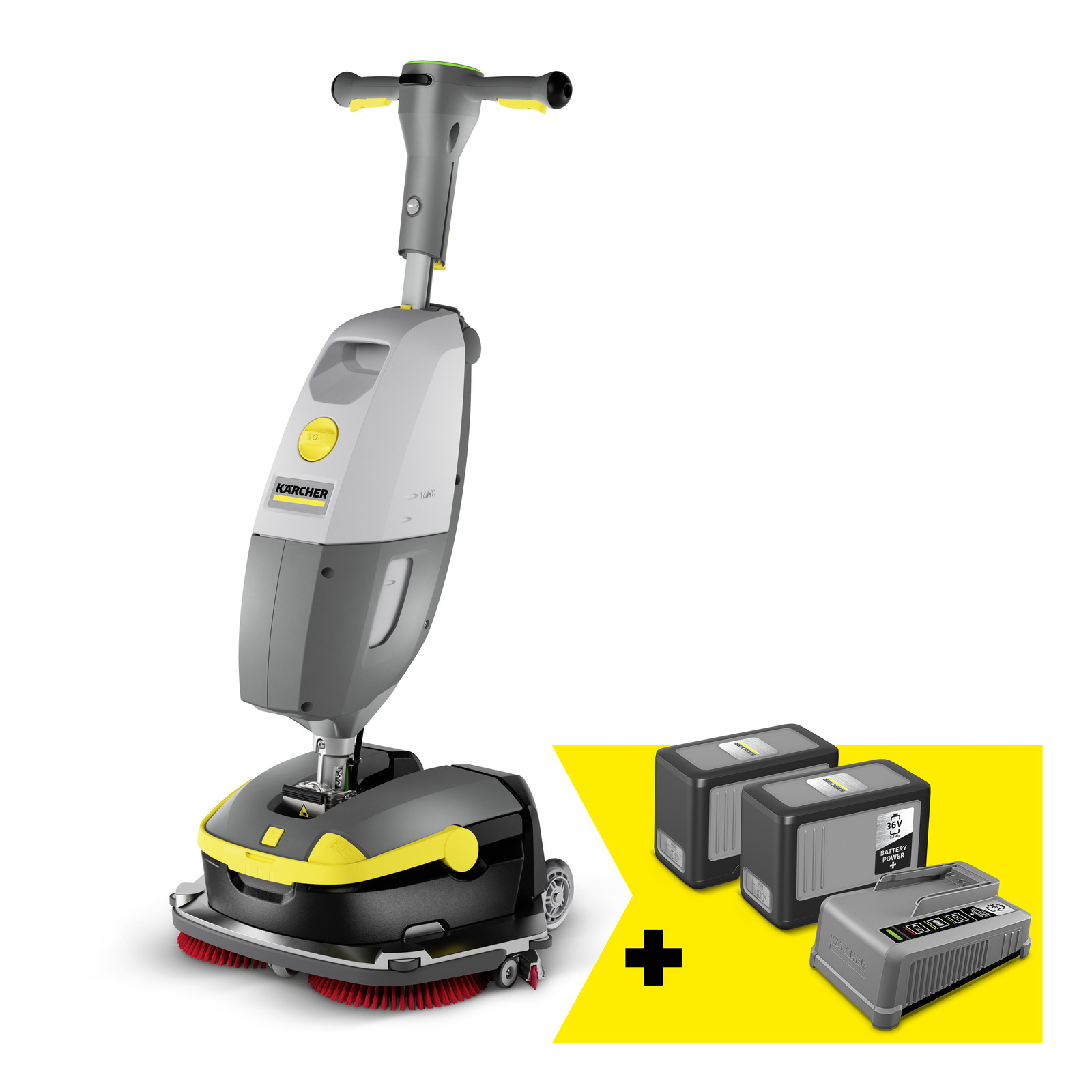 Kärcher battery-powered floor scrubber with upright handle and circular brush head, accompanied by three batteries and a charger on a white studio background. Kärcher battery-powered floor scrubber with upright handle and circular brush head, accompanied by three batteries and a charger on a white studio background.