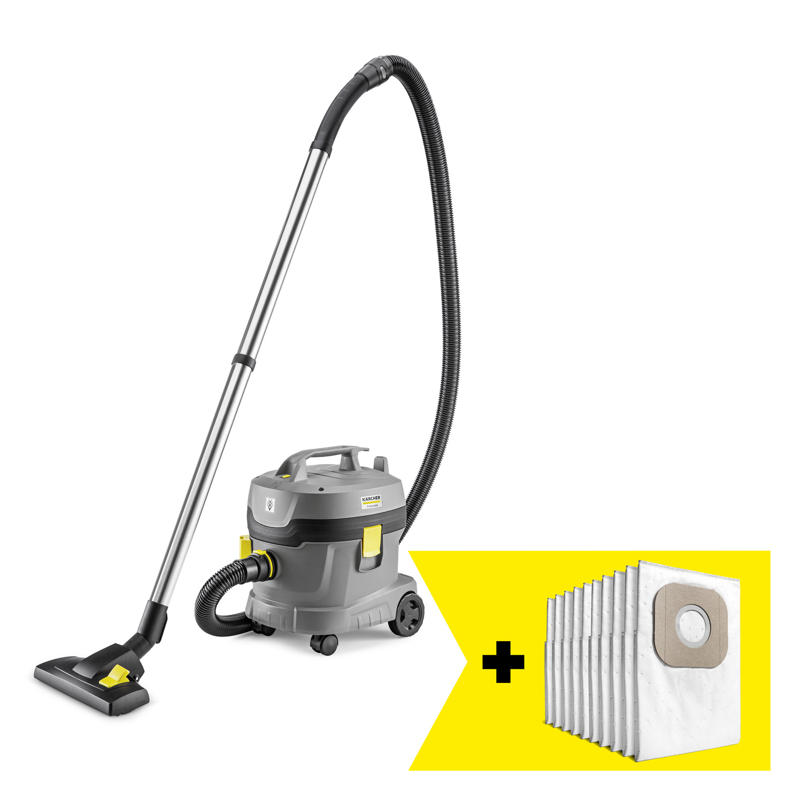 Kärcher wet and dry vacuum cleaner with attached hose and wand, presented alongside a stack of white replacement vacuum bags on a white background. Kärcher wet and dry vacuum cleaner with attached hose and wand, presented alongside a stack of white replacement vacuum bags on a white background.