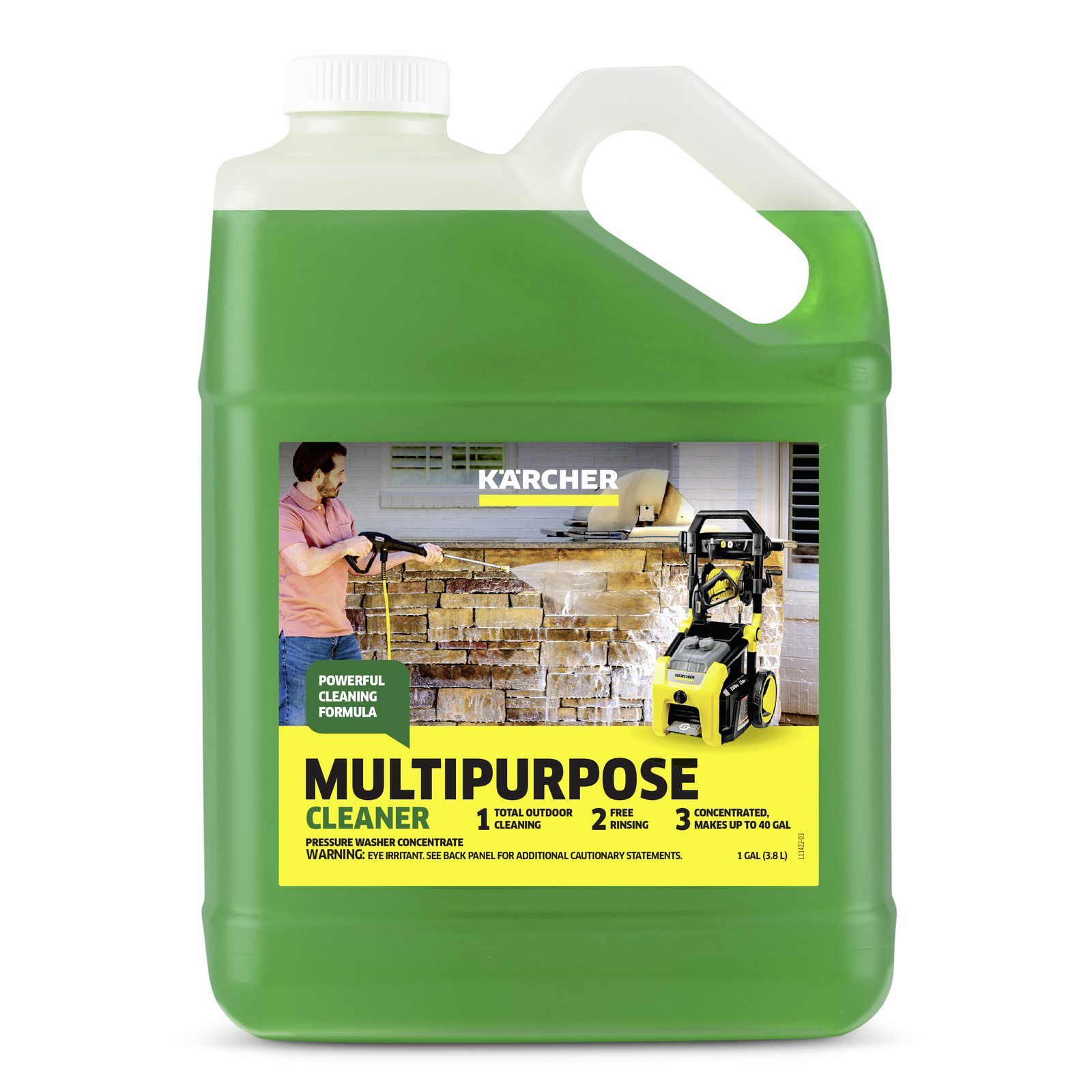 Green Kärcher Multipurpose Cleaner bottle. Its label features a man using a Kärcher high-pressure cleaner on a wall, with a Kärcher high-pressure cleaner unit nearby.