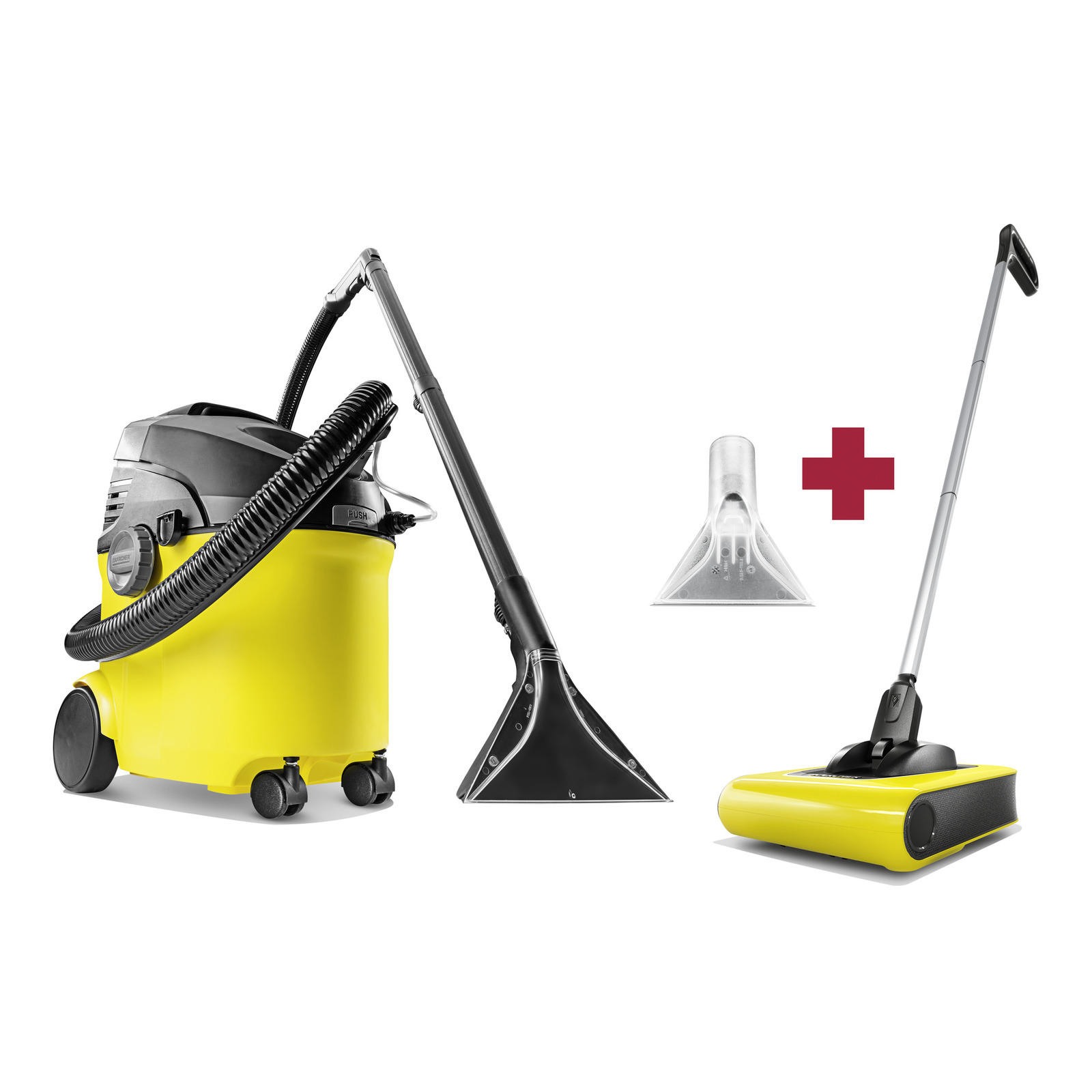 Kärcher yellow vacuum cleaner with hose, a carpet cleaner attachment, and a yellow floor sweeper.