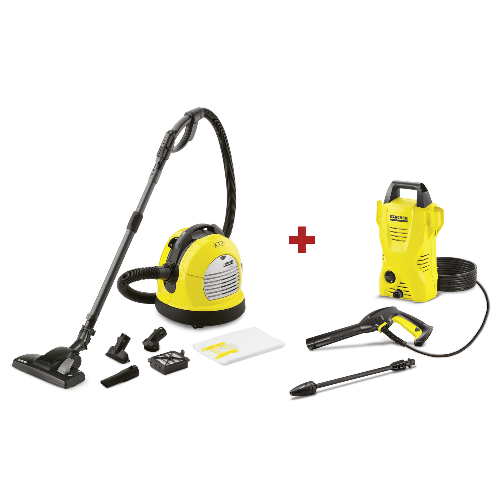 Yellow Kärcher vacuum cleaner with attachments next to a Kärcher high-pressure cleaner, connected by a red plus sign.