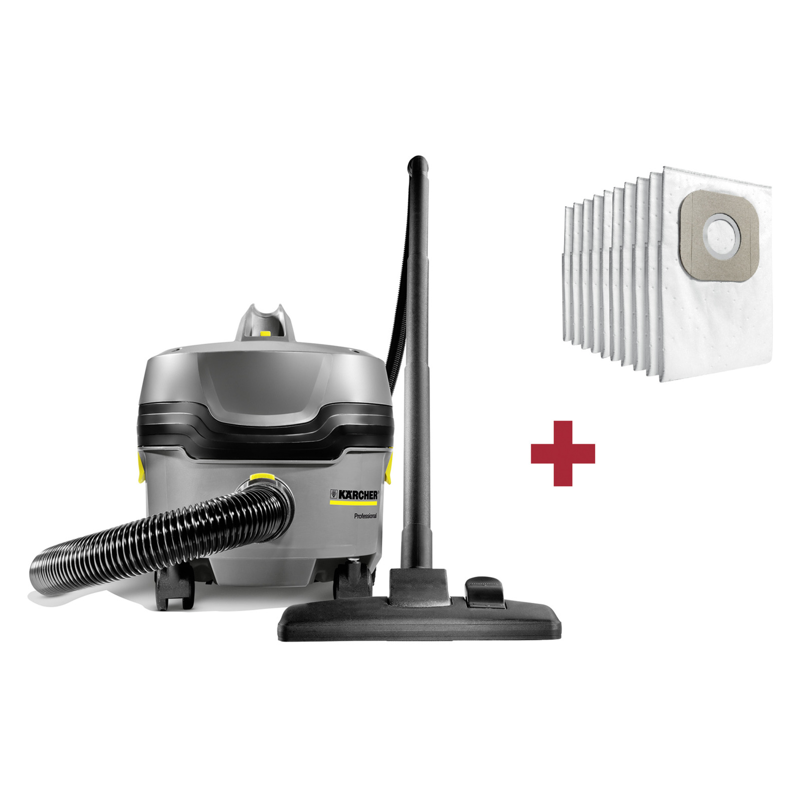 Kärcher vacuum cleaner with hose and nozzle, plus a stack of vacuum bags on a white background.
