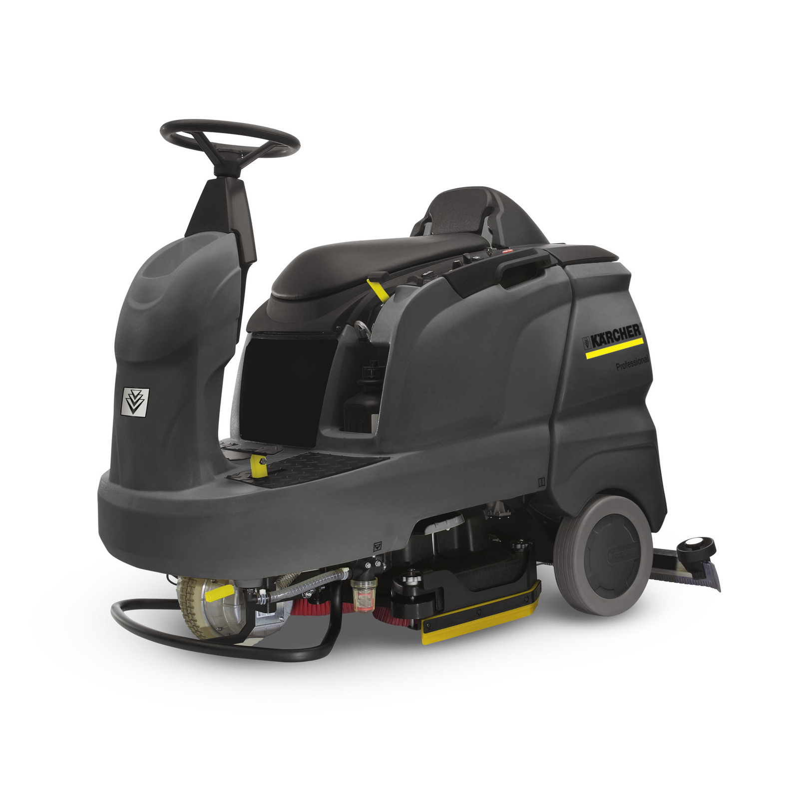 Kärcher ride-on floor scrubber with steering wheel, grey body, visible brushes and wheels, designed for professional cleaning. Kärcher ride-on floor scrubber with steering wheel, grey body, visible brushes and wheels, designed for professional cleaning.