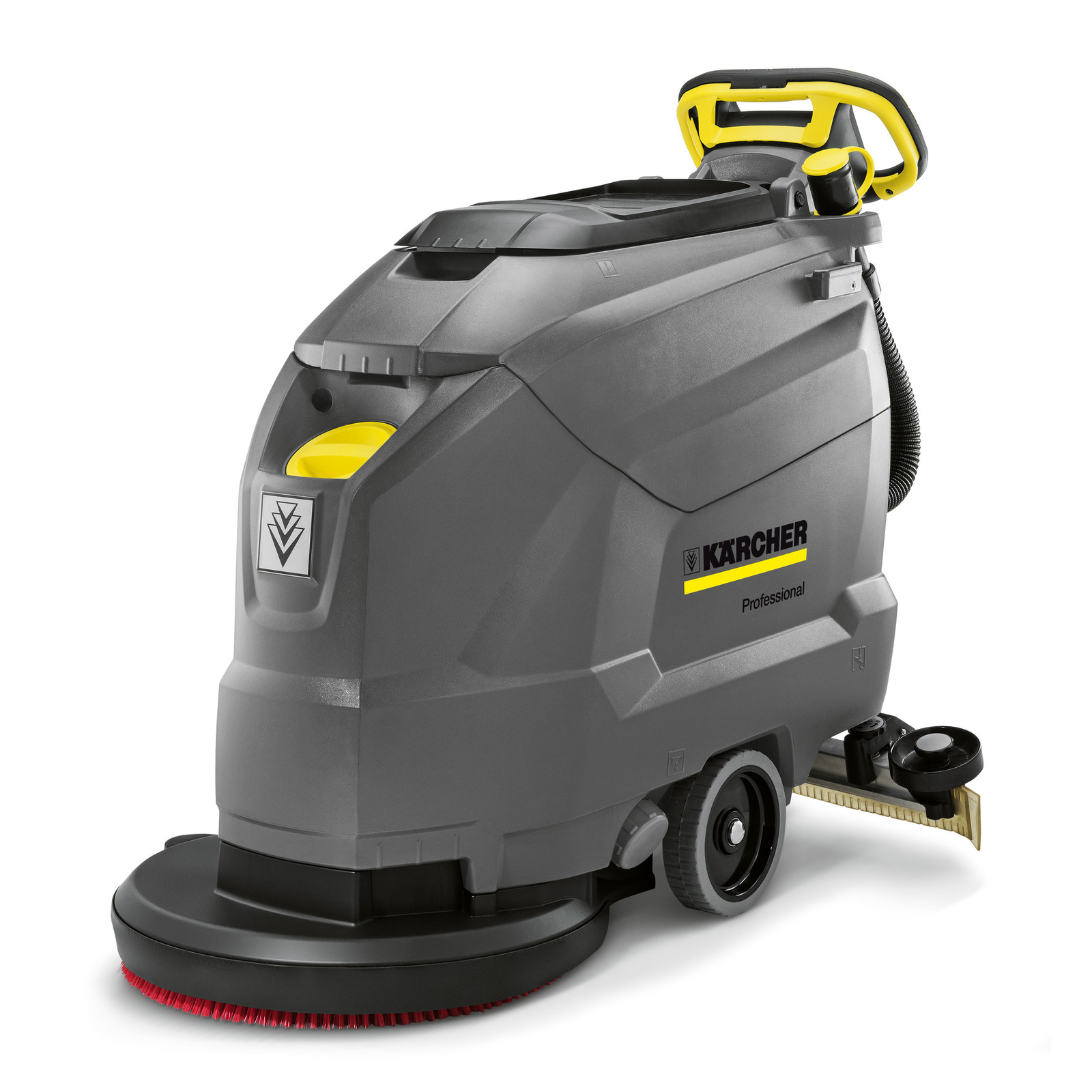 Kärcher professional floor scrubber with grey body, yellow accents, and red brush, designed for industrial cleaning. Kärcher professional floor scrubber with grey body, yellow accents, and red brush, designed for industrial cleaning.