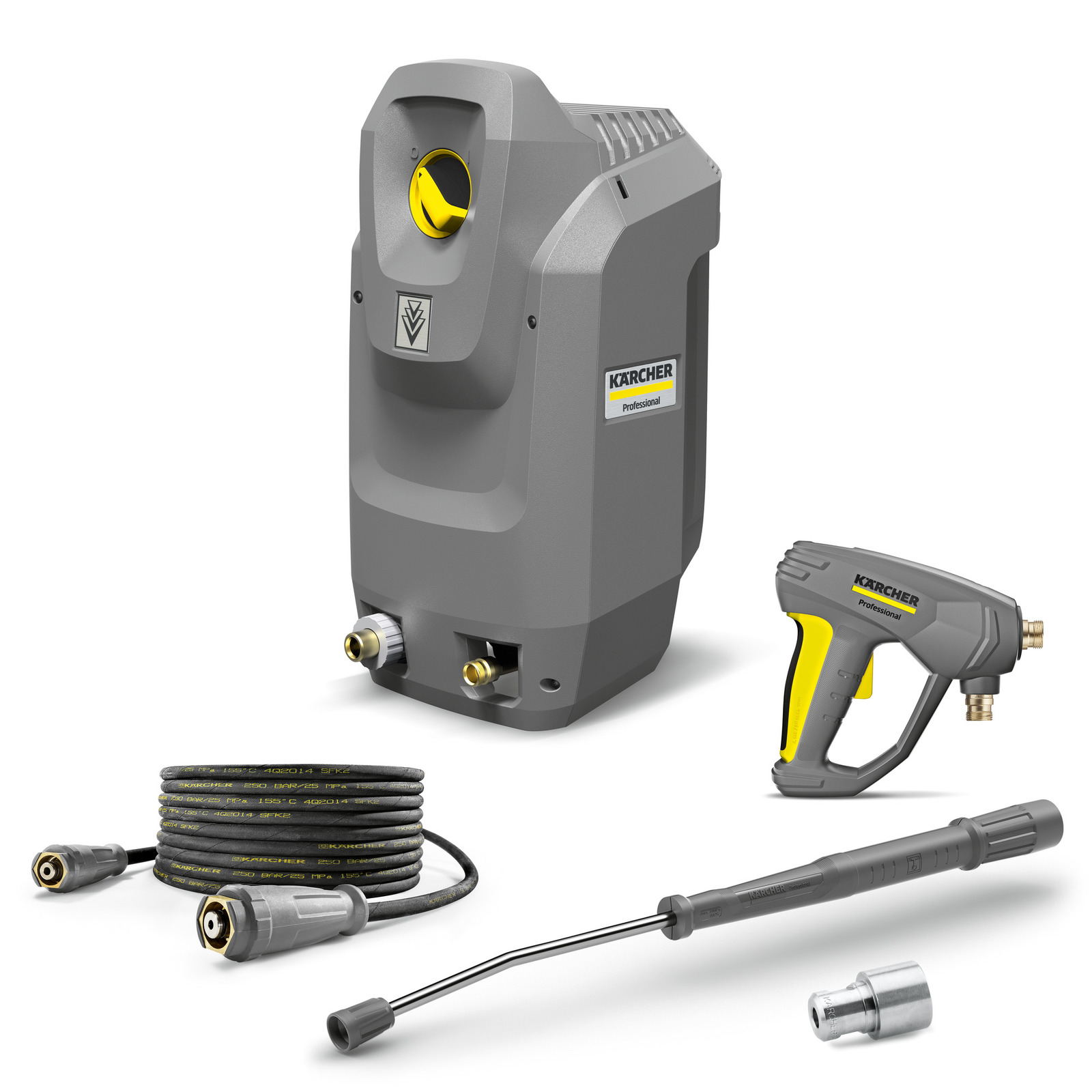 Kärcher high-pressure cleaner with grey unit, spray gun, hose, lance, and nozzle, all placed on a white background. Kärcher high-pressure cleaner with grey unit, spray gun, hose, lance, and nozzle, all placed on a white background.