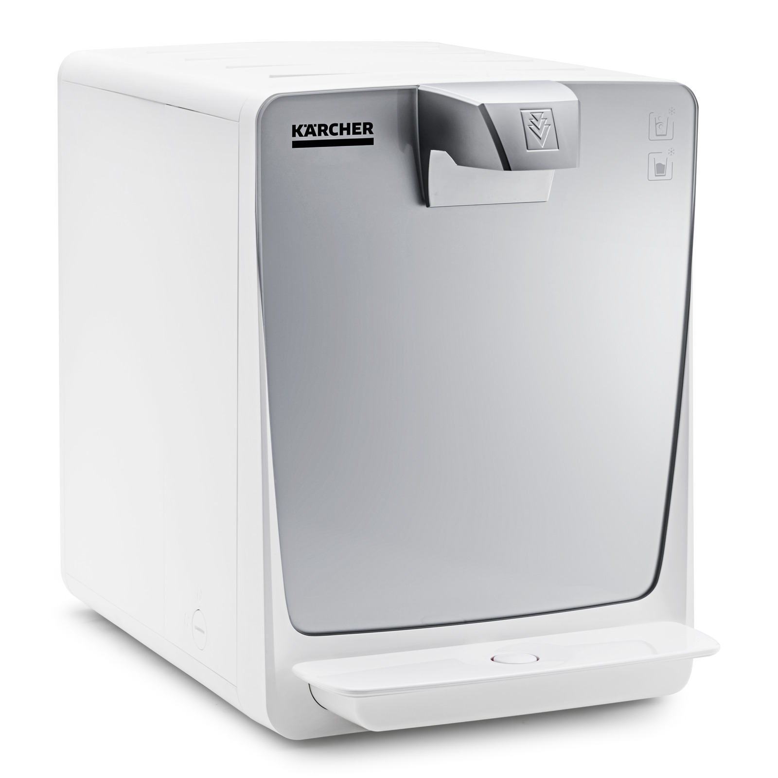 Kärcher Wasserspender in Weiß mit silberner Front und Bedienfeld, rechteckige Form. Kärcher Wasserspender in Weiß mit silberner Front und Bedienfeld, rechteckige Form.