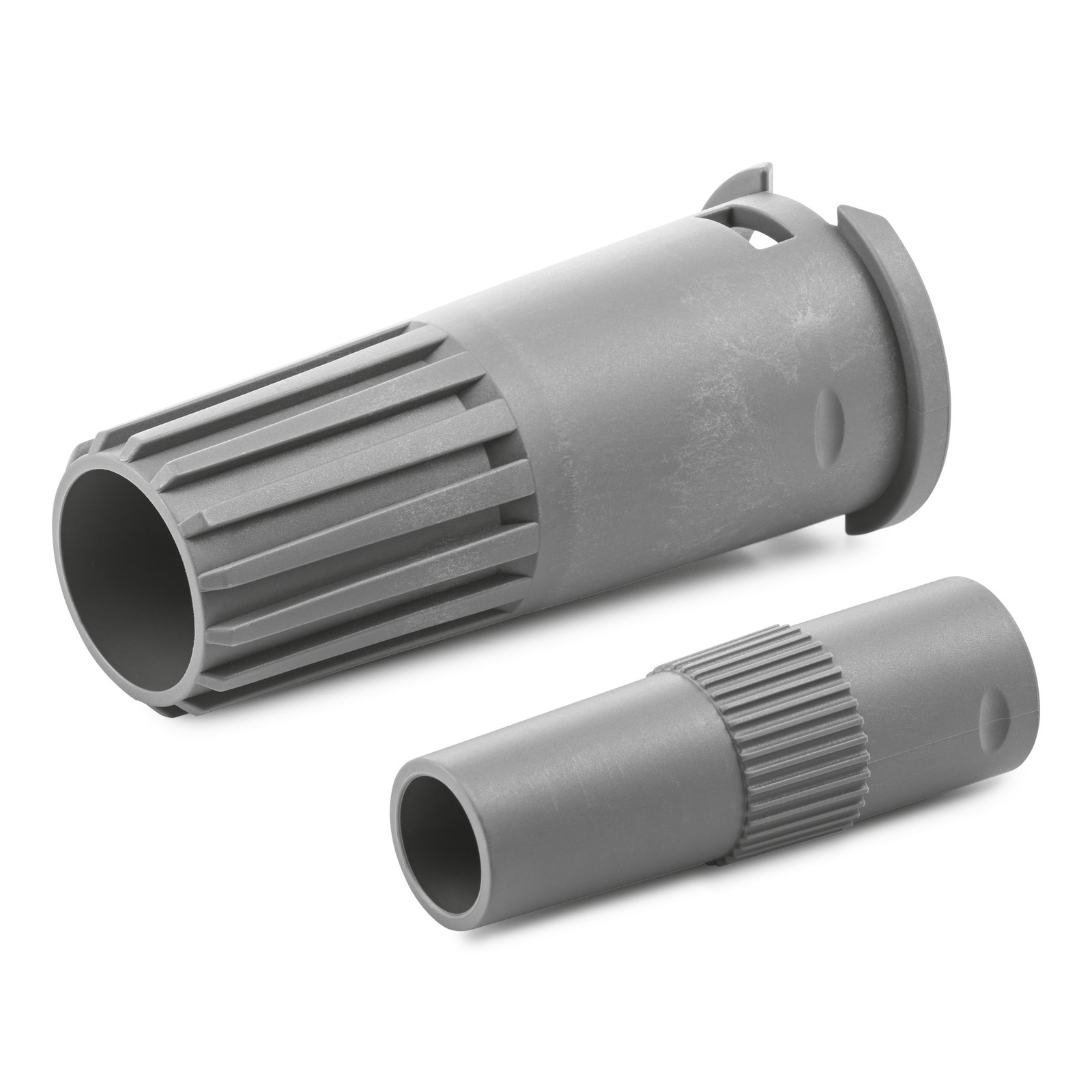 Two grey Kärcher vacuum cleaner hose adapters, one larger and one smaller, with ribbed surfaces. Two grey Kärcher vacuum cleaner hose adapters, one larger and one smaller, with ribbed surfaces.