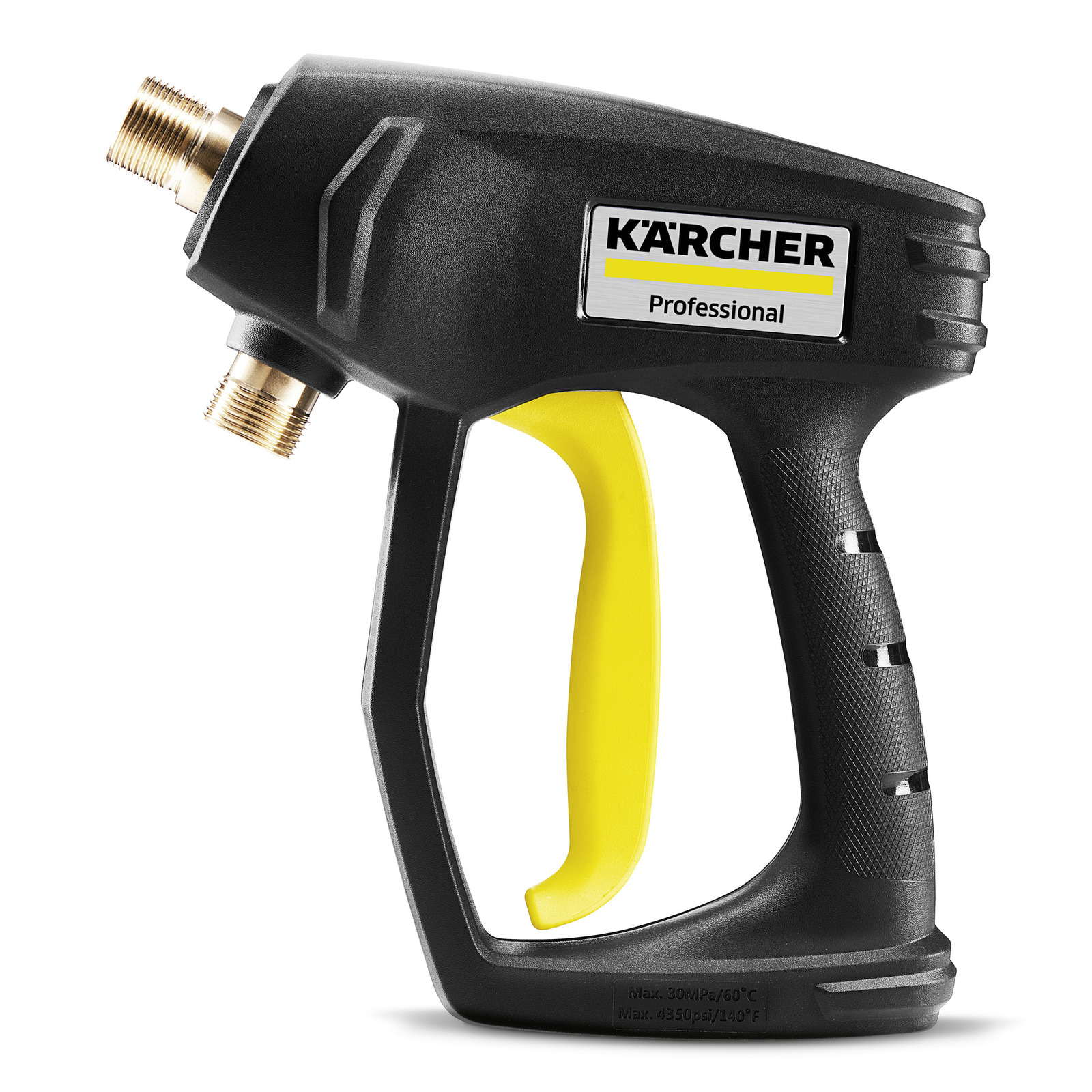 Kärcher high-pressure cleaner gun with black body, yellow trigger, and brass connectors, labelled "Professional." Kärcher high-pressure cleaner gun with black body, yellow trigger, and brass connectors, labelled "Professional."