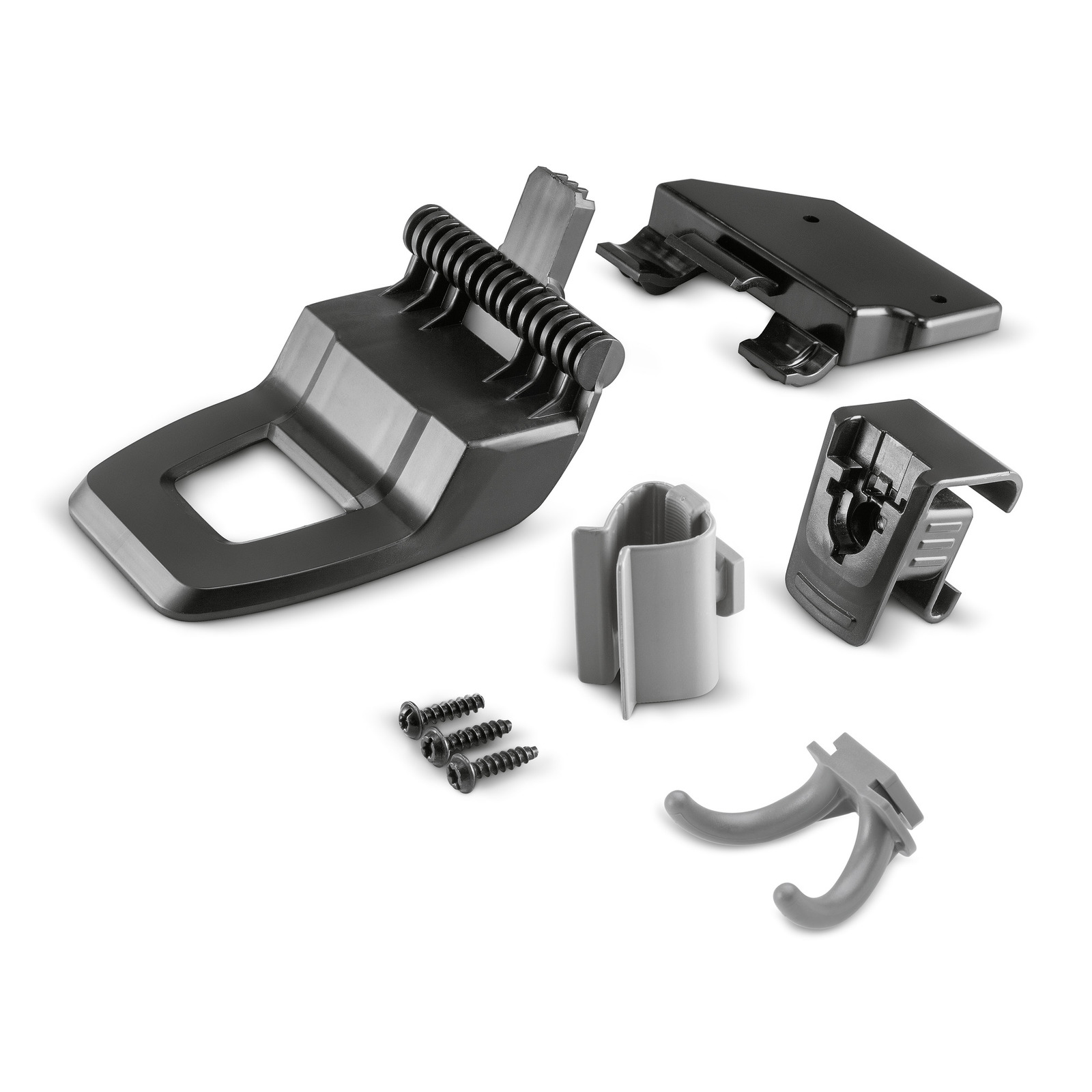 Kärcher accessory kit with various plastic components and screws on a white background.