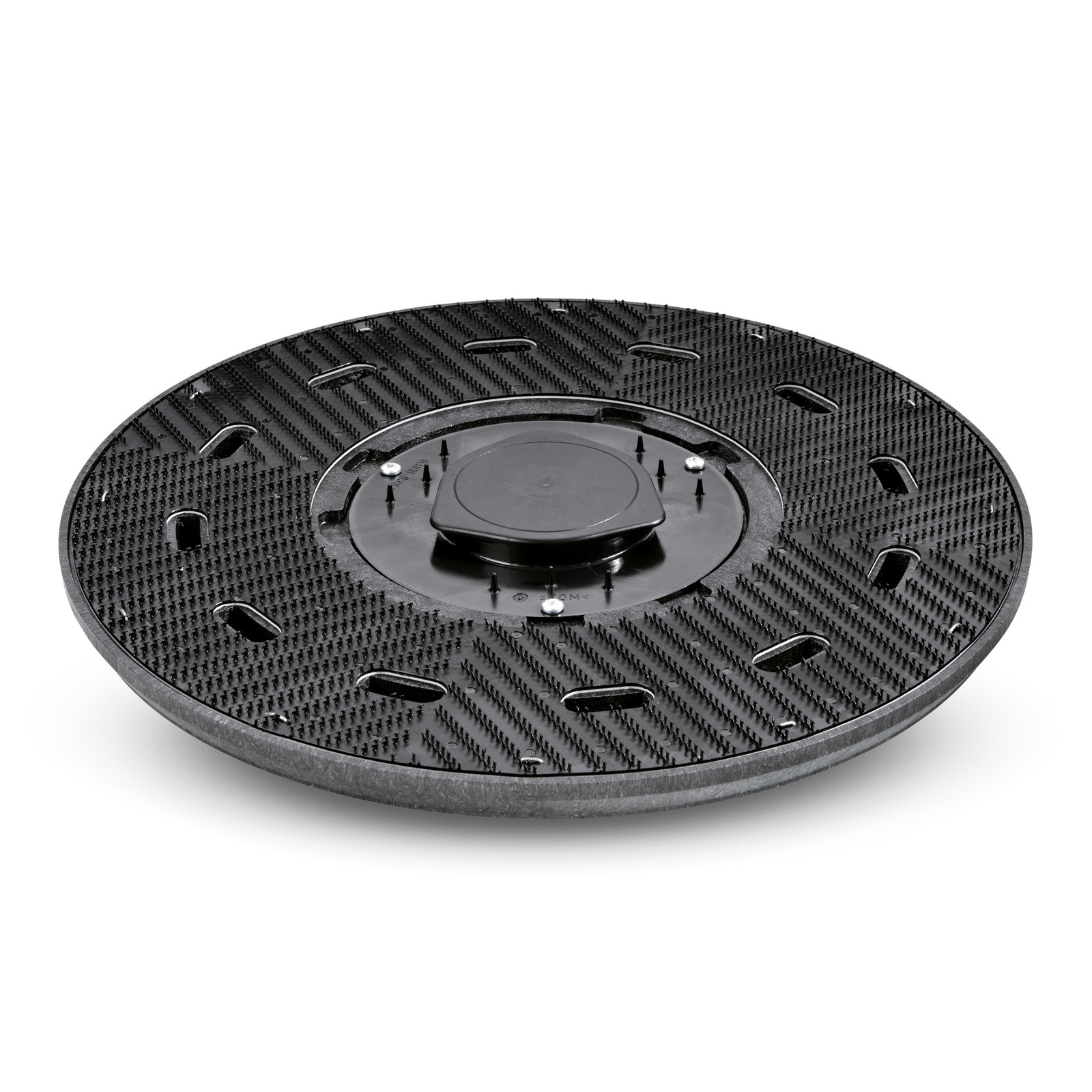 Black Kärcher surface cleaner attachment with textured bristles and slots, viewed from a side angle on a white background.