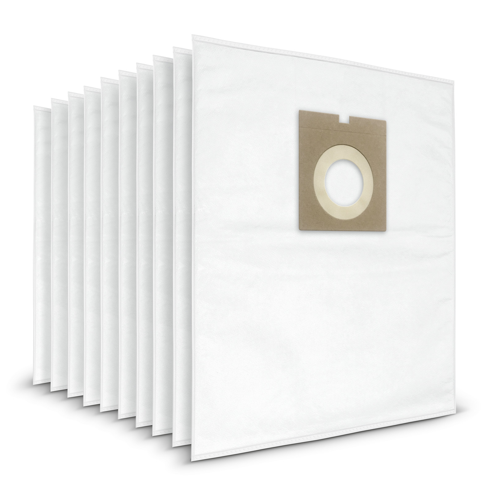 Ten white vacuum cleaner bags with cardboard collars, stacked in a row. Ten white vacuum cleaner bags with cardboard collars, stacked in a row.