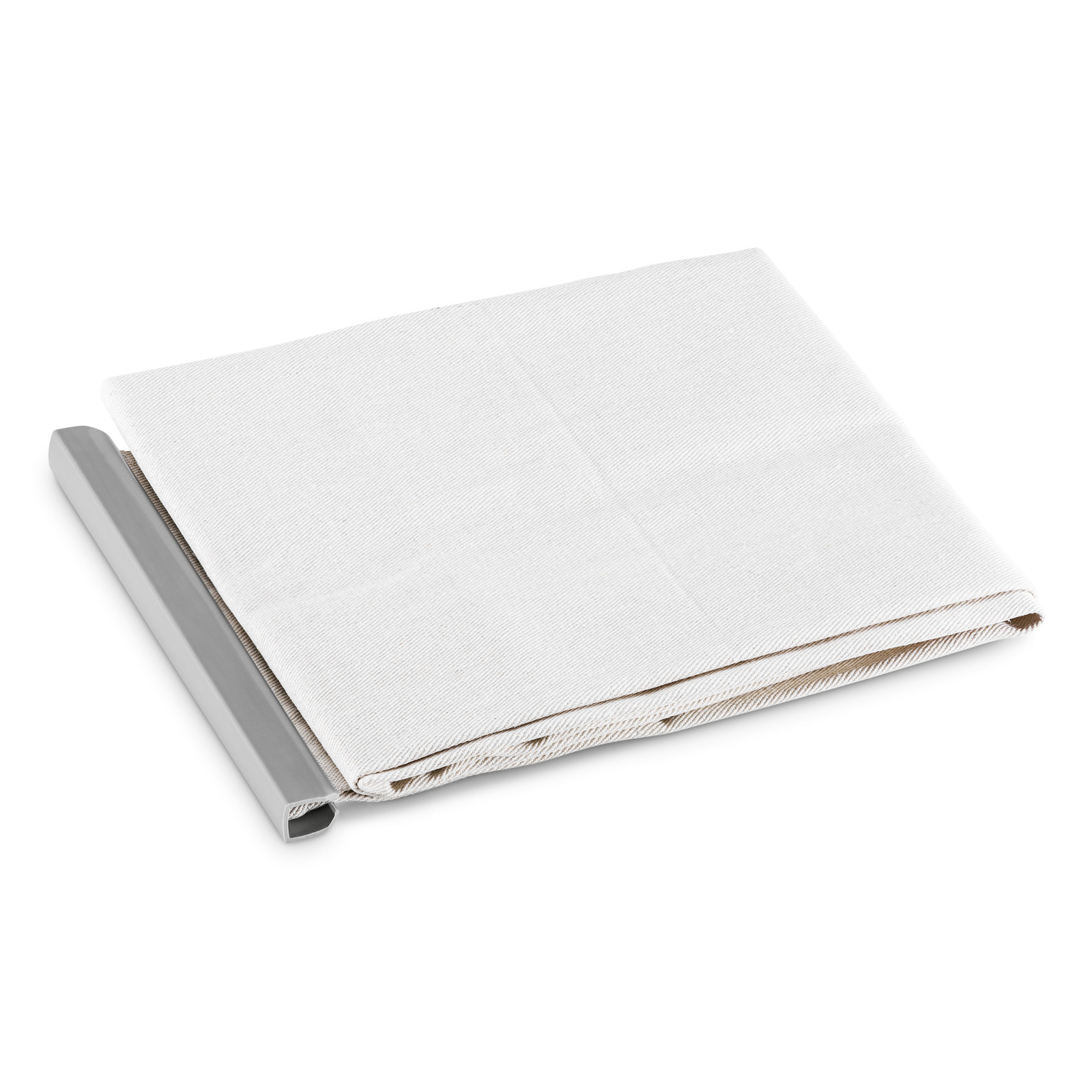 Folded white fabric with a grey metal bar on the left side, placed on a plain white background. Folded white fabric with a grey metal bar on the left side, placed on a plain white background.