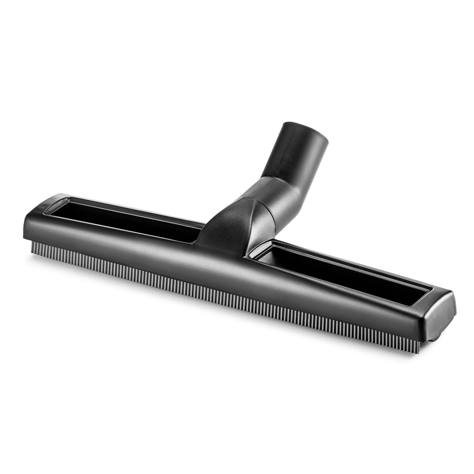Black Kärcher vacuum cleaner floor nozzle with bristles, angled view, isolated on white background. Black Kärcher vacuum cleaner floor nozzle with bristles, angled view, isolated on white background.