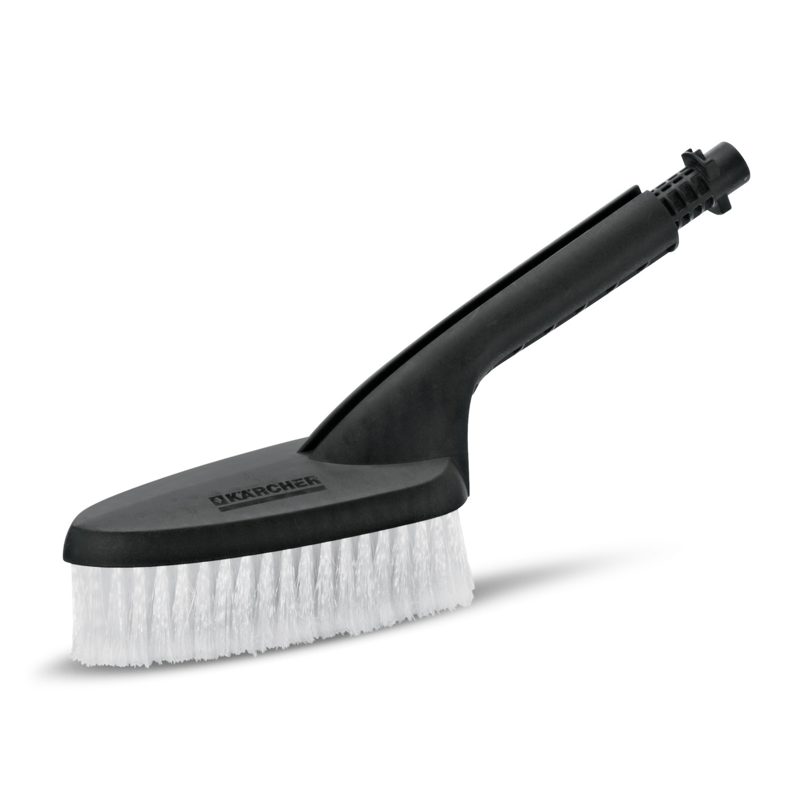 Kärcher hand brush with black handle and white bristles, angled for cleaning. Kärcher hand brush with black handle and white bristles, angled for cleaning.