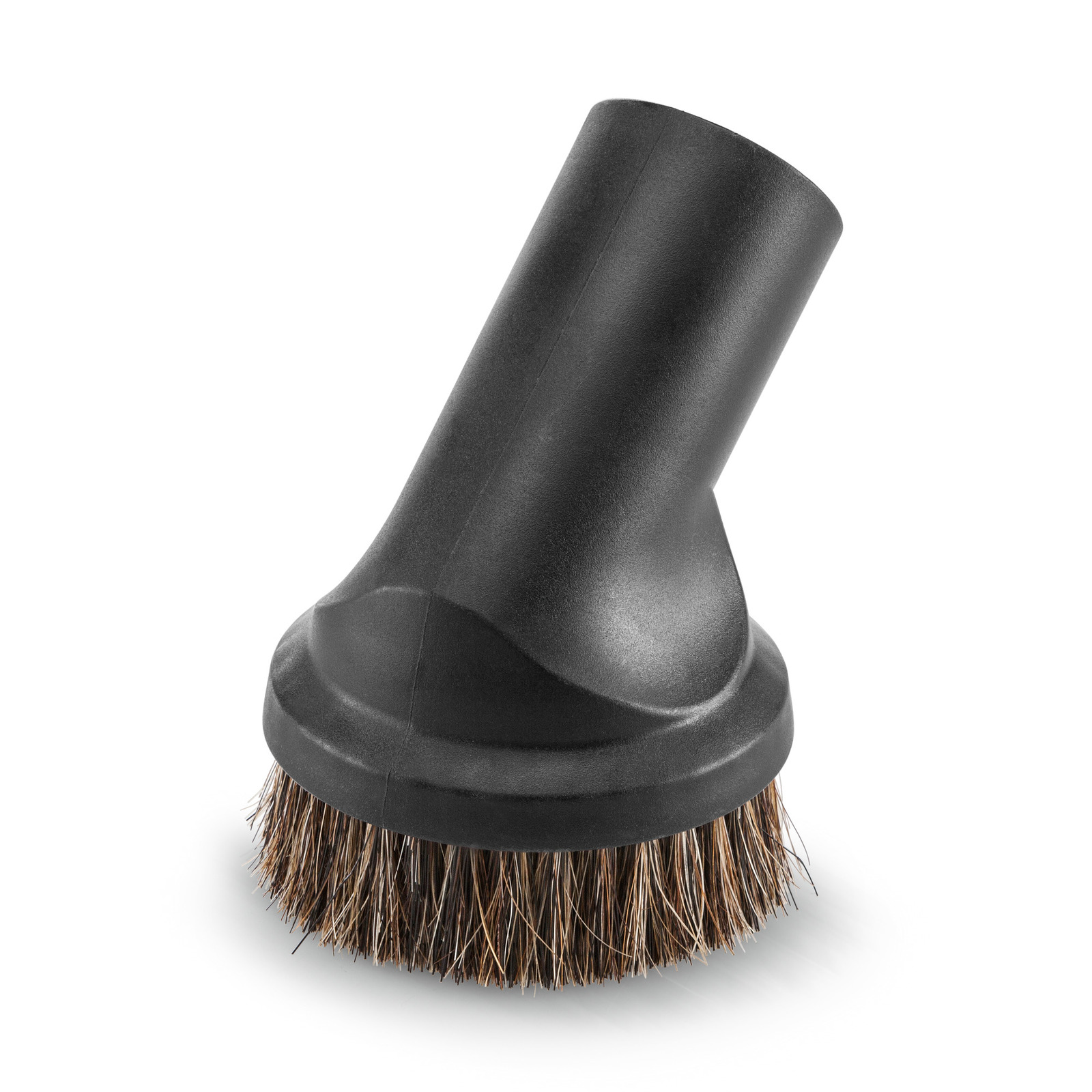 Black Kärcher round brush attachment with brown bristles, angled design for cleaning. Black Kärcher round brush attachment with brown bristles, angled design for cleaning.