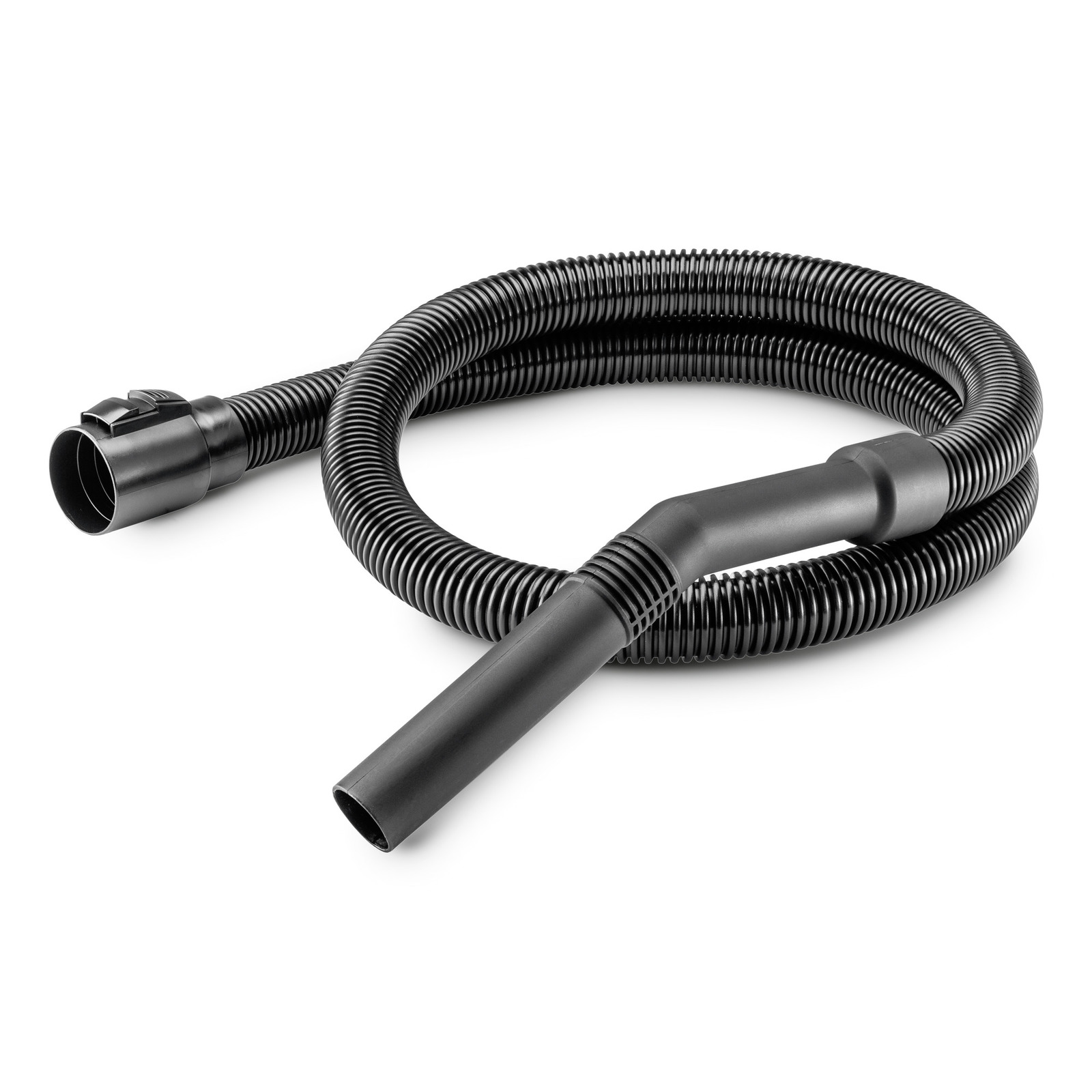 Black Kärcher vacuum cleaner hose with curved nozzle, coiled on a white background.