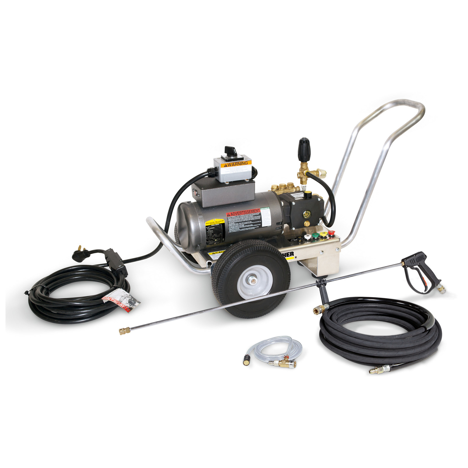 Kärcher high-pressure cleaner with hoses and spray gun, mounted on a wheeled frame, against a white background. Kärcher high-pressure cleaner with hoses and spray gun, mounted on a wheeled frame, against a white background.