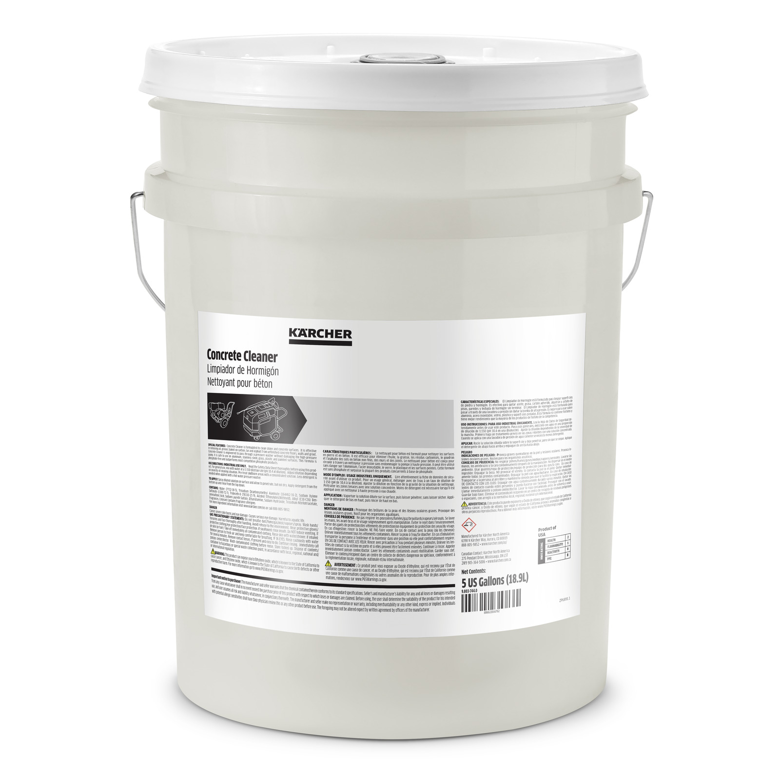 White Kärcher detergent bucket with label detailing product information, including usage instructions and safety warnings. White Kärcher detergent bucket with label detailing product information, including usage instructions and safety warnings.