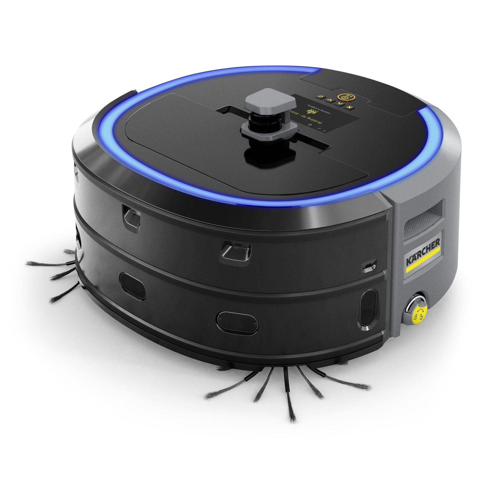 Kärcher robotic vacuum cleaner with a sleek black design and blue LED ring, featuring side brushes for cleaning. Kärcher robotic vacuum cleaner with a sleek black design and blue LED ring, featuring side brushes for cleaning.