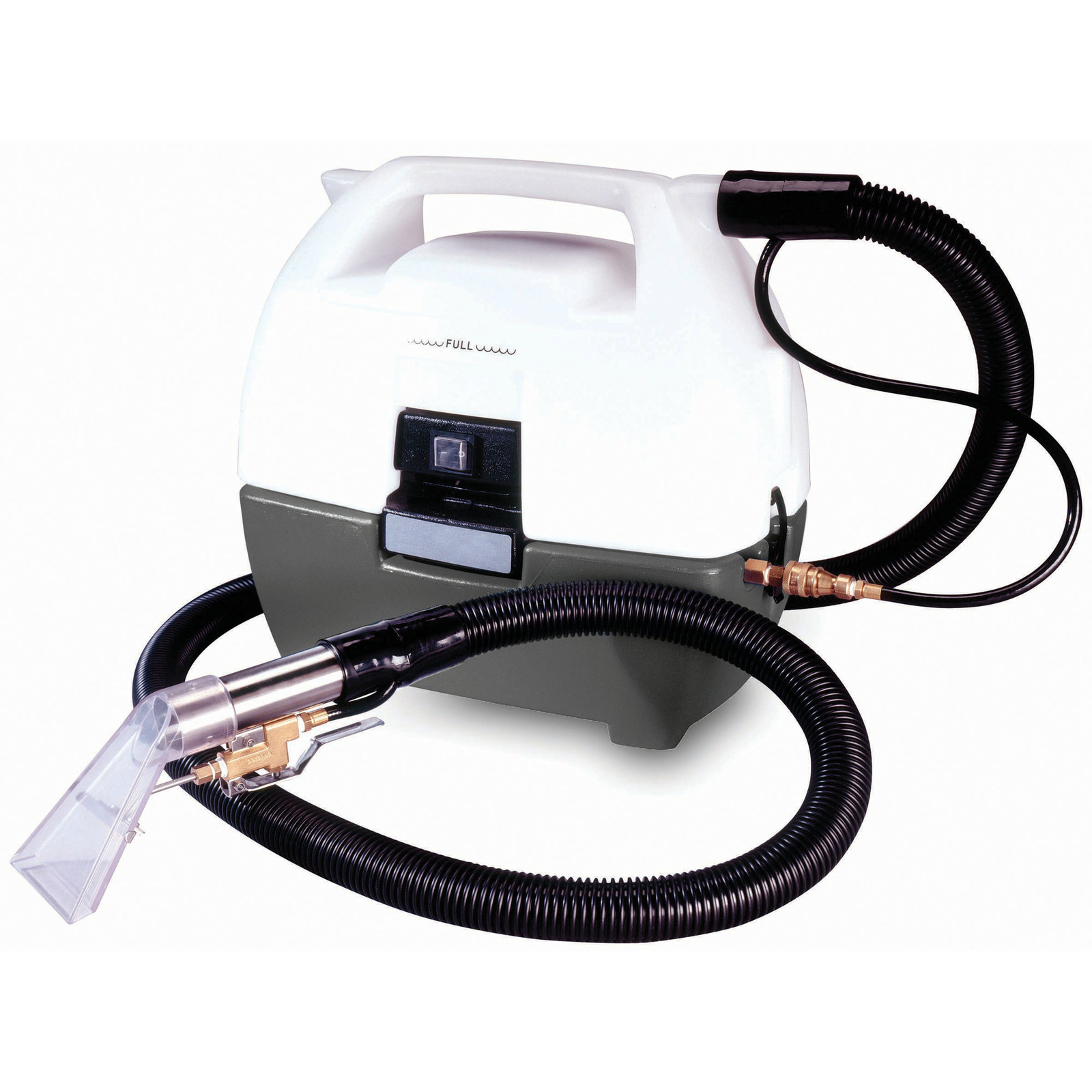 Kärcher spray extraction cleaner with a transparent nozzle and black hose, featuring a white and grey body. Kärcher spray extraction cleaner with a transparent nozzle and black hose, featuring a white and grey body.