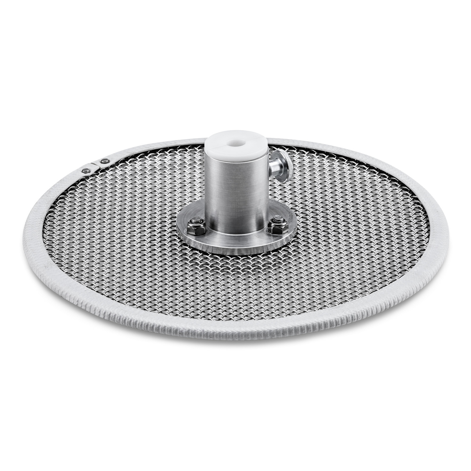 Circular metal mesh filter with a central cylindrical attachment, featuring bolts and a white cap.