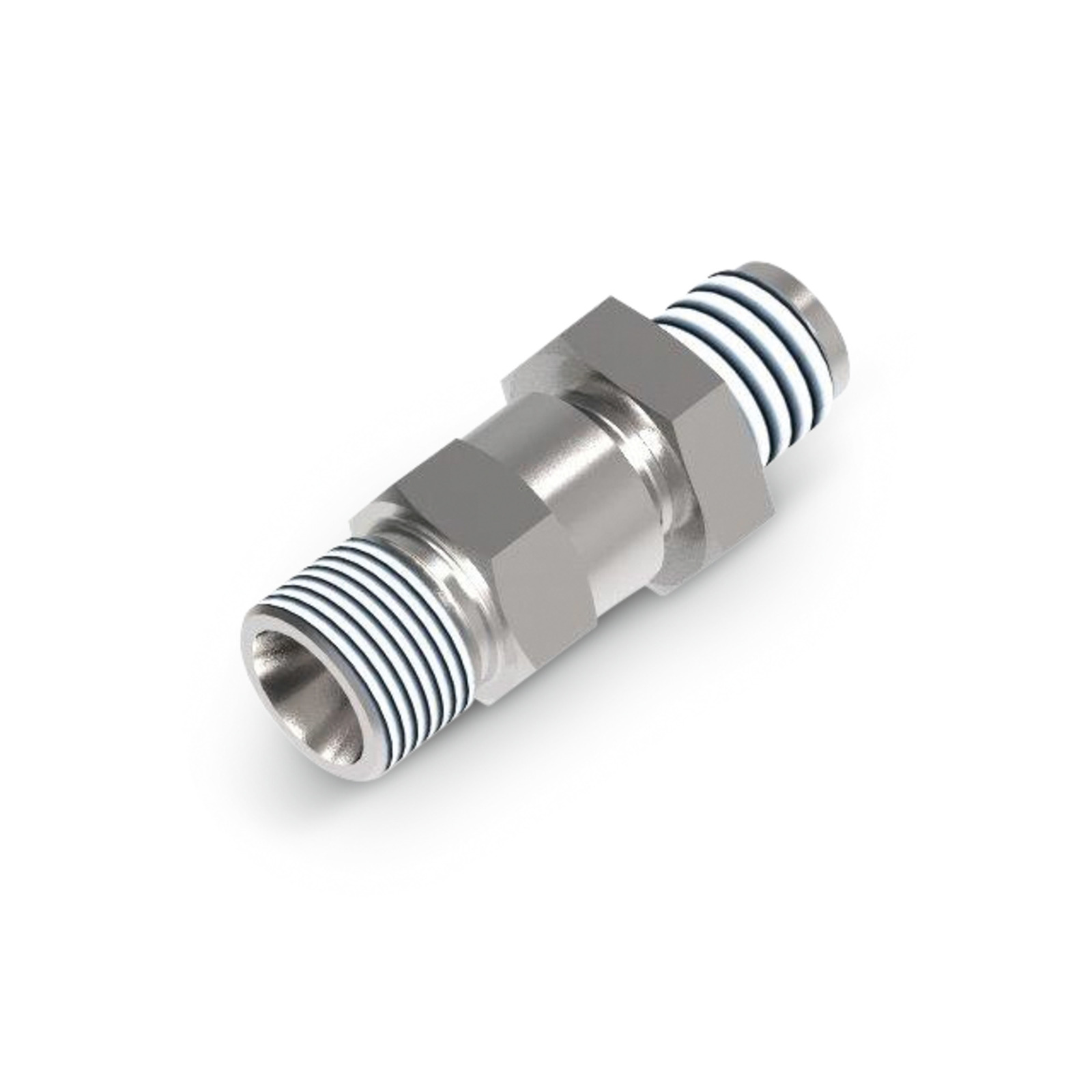 Metal connector with threaded ends and hexagonal centre, featuring blue and white rings on a white background. Metal connector with threaded ends and hexagonal centre, featuring blue and white rings on a white background.