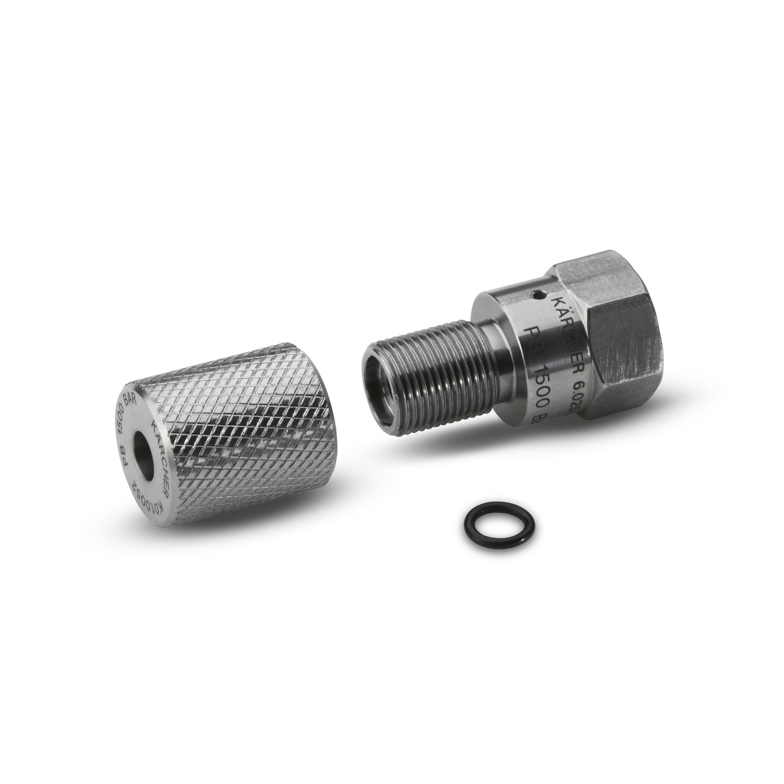 Kärcher pressure washer nozzle with textured surface, metal connector, and black O-ring on white background. Kärcher pressure washer nozzle with textured surface, metal connector, and black O-ring on white background.