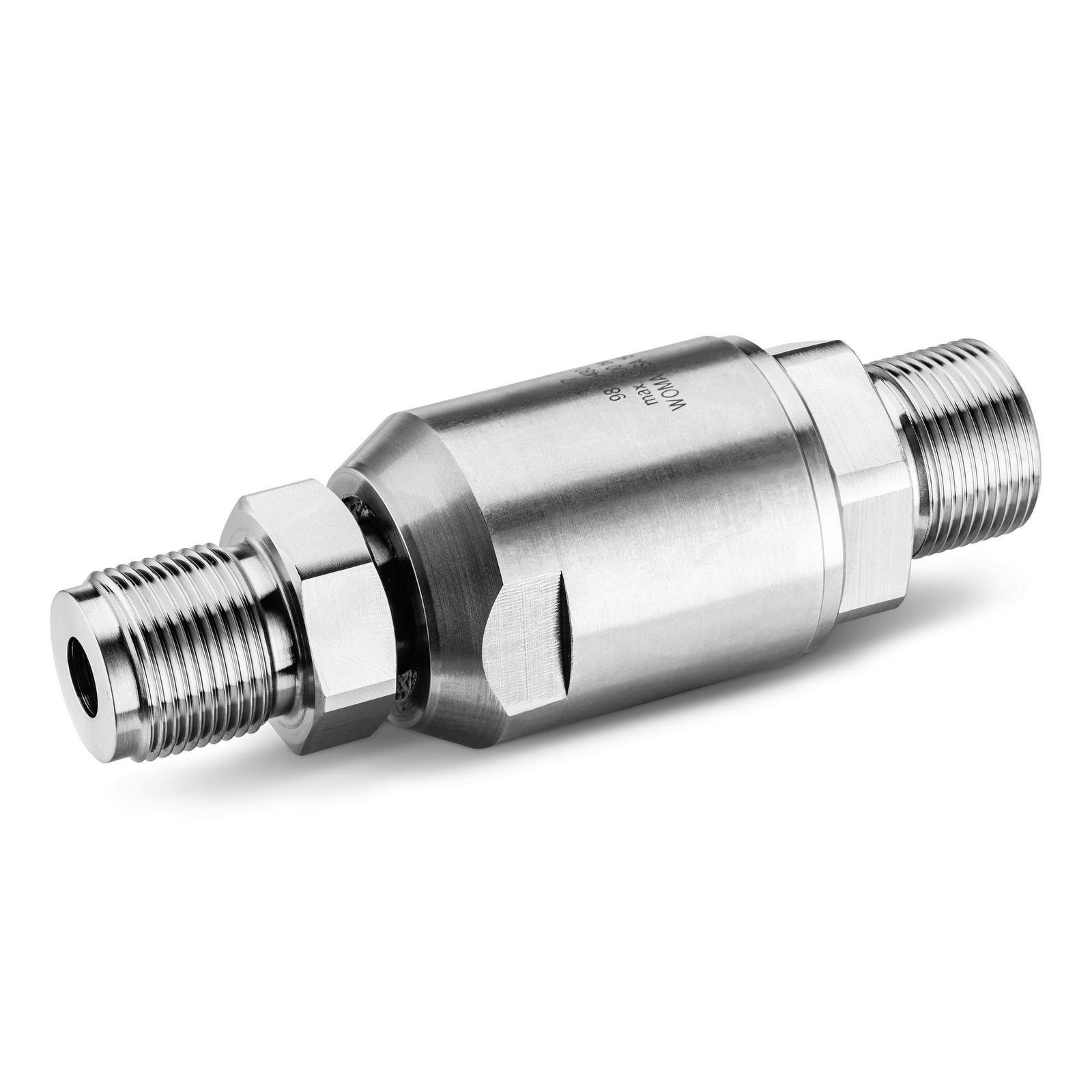 Metal pressure valve with threaded connectors on both ends, lying on a white surface.